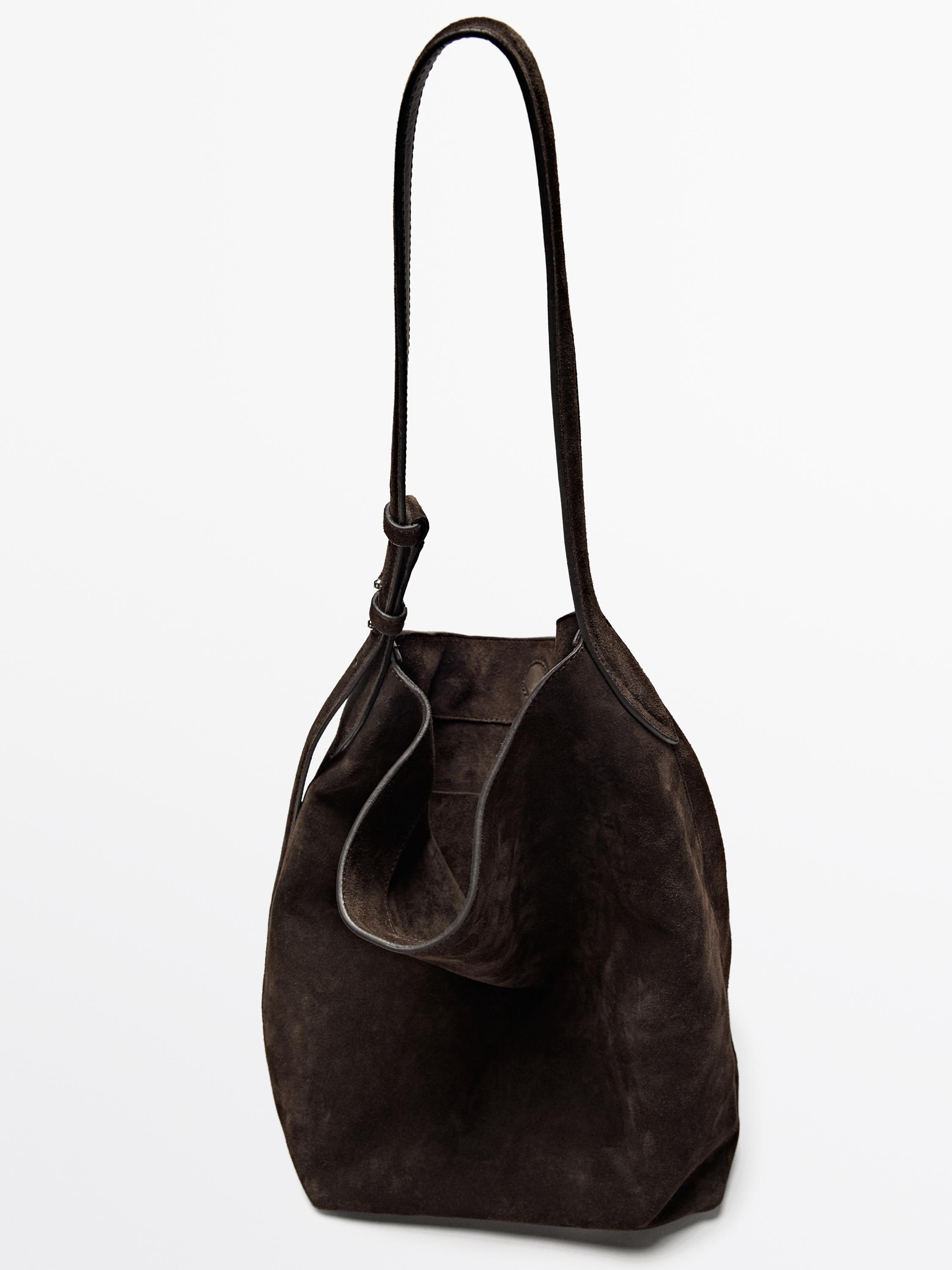 Split suede leather bucket bag — BROWN