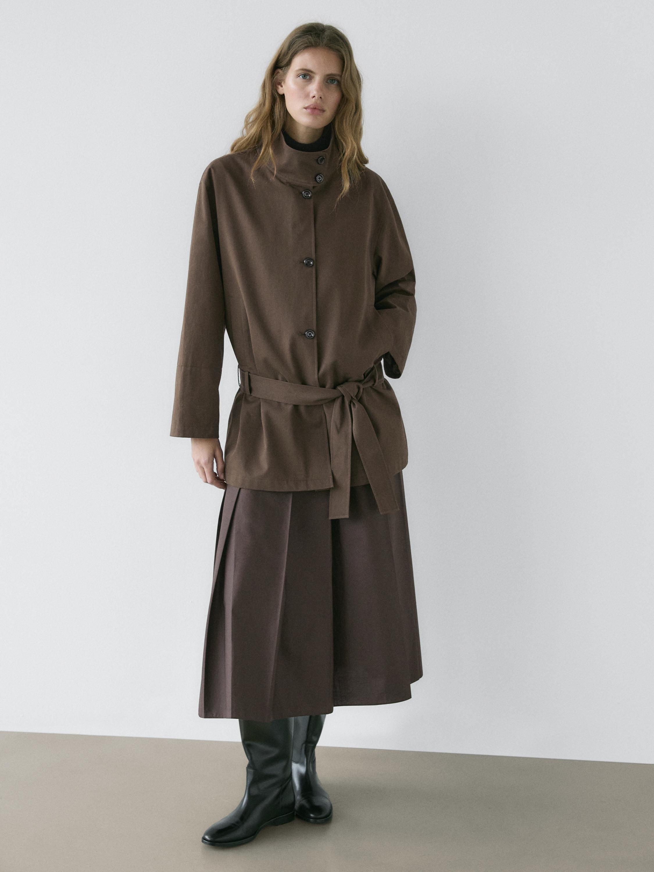 Mid-length trench coat with belt detail — Chocolate