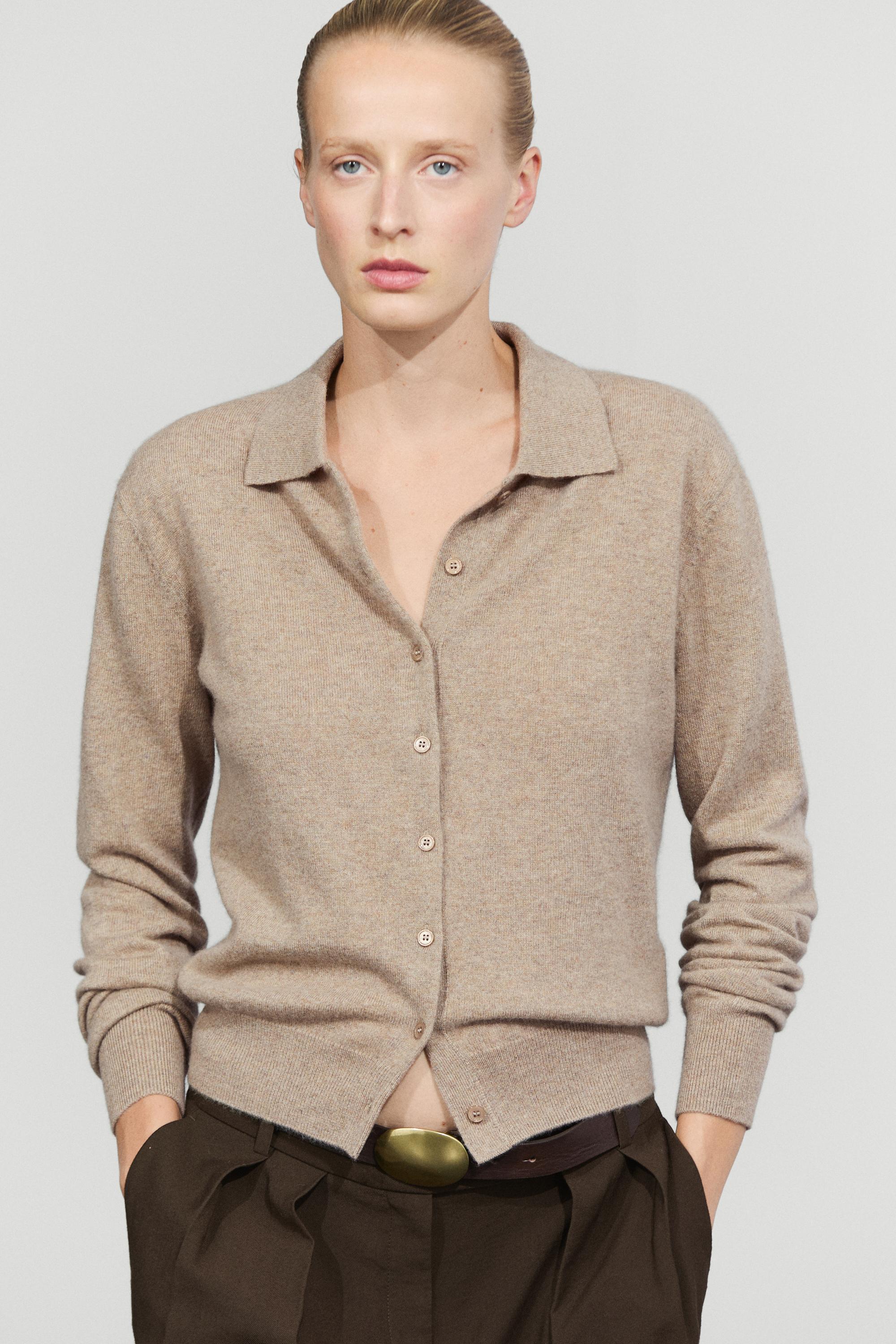 100% cashmere knit polo collar cardigan