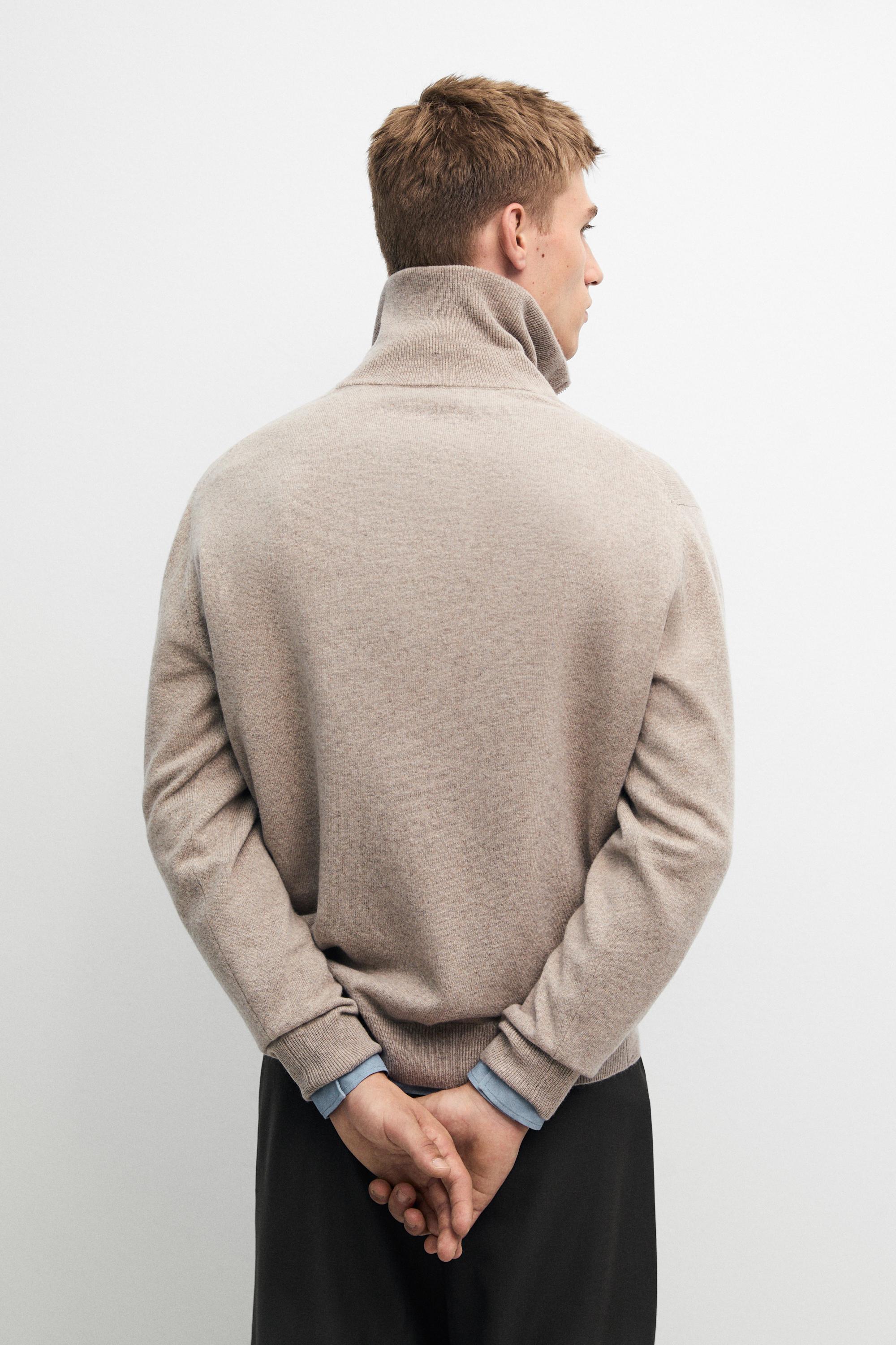 Mock neck zip-up knit sweater — Sand