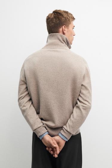 Mock neck zip-up knit sweater — Sand 5