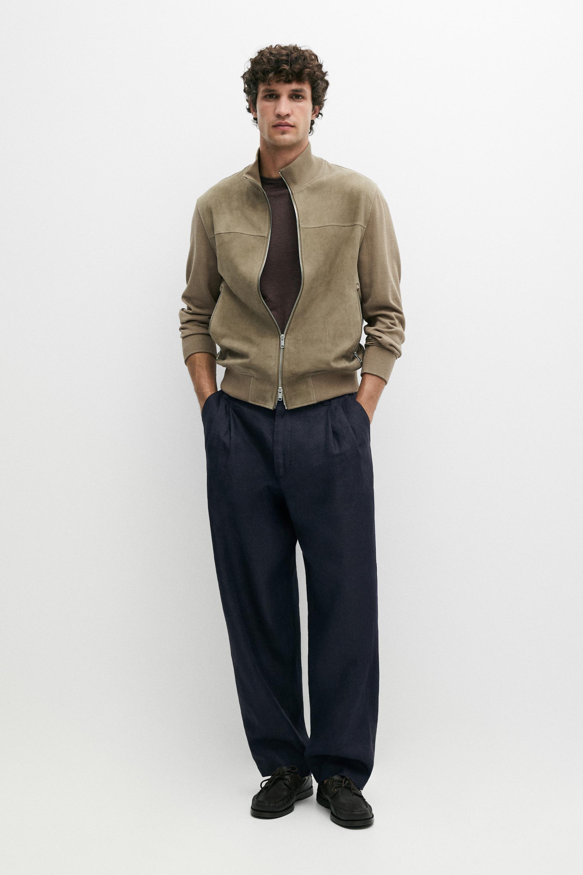 Contrast knit and suede leather jacket — PALE KHAKI