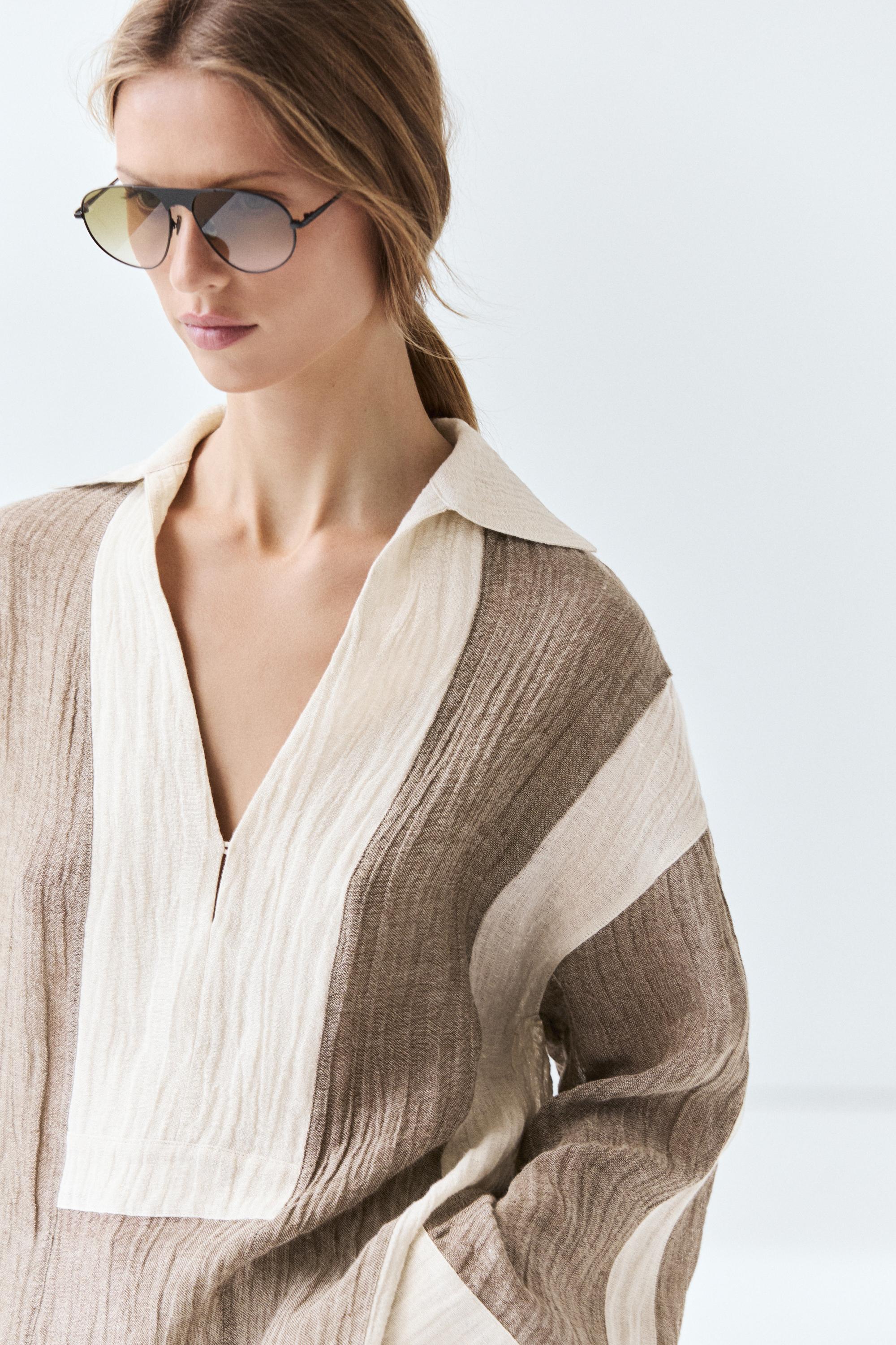 Flowing textured linen blend blouse — TAUPE GREY