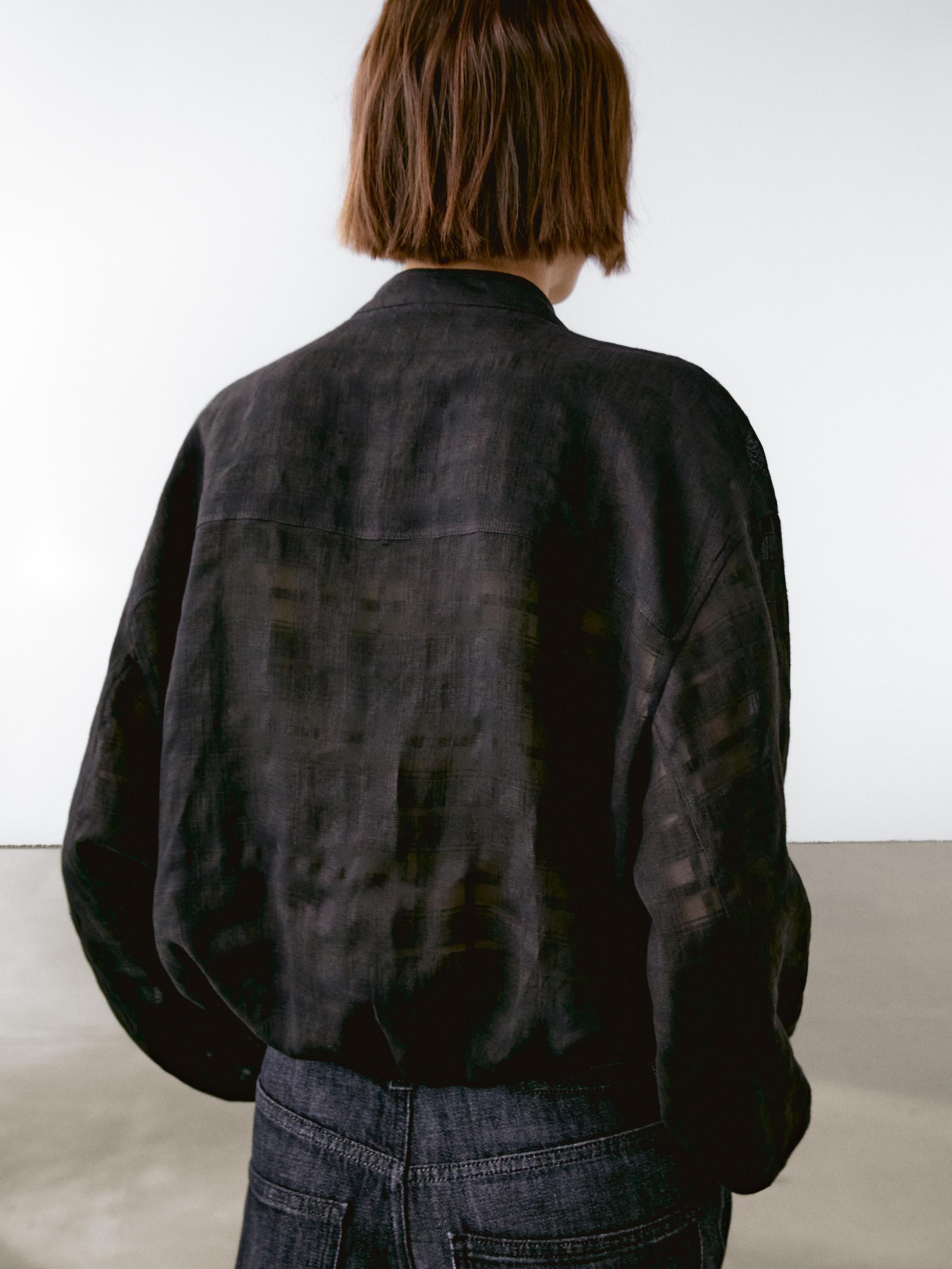 Linen blend check bomber jacket