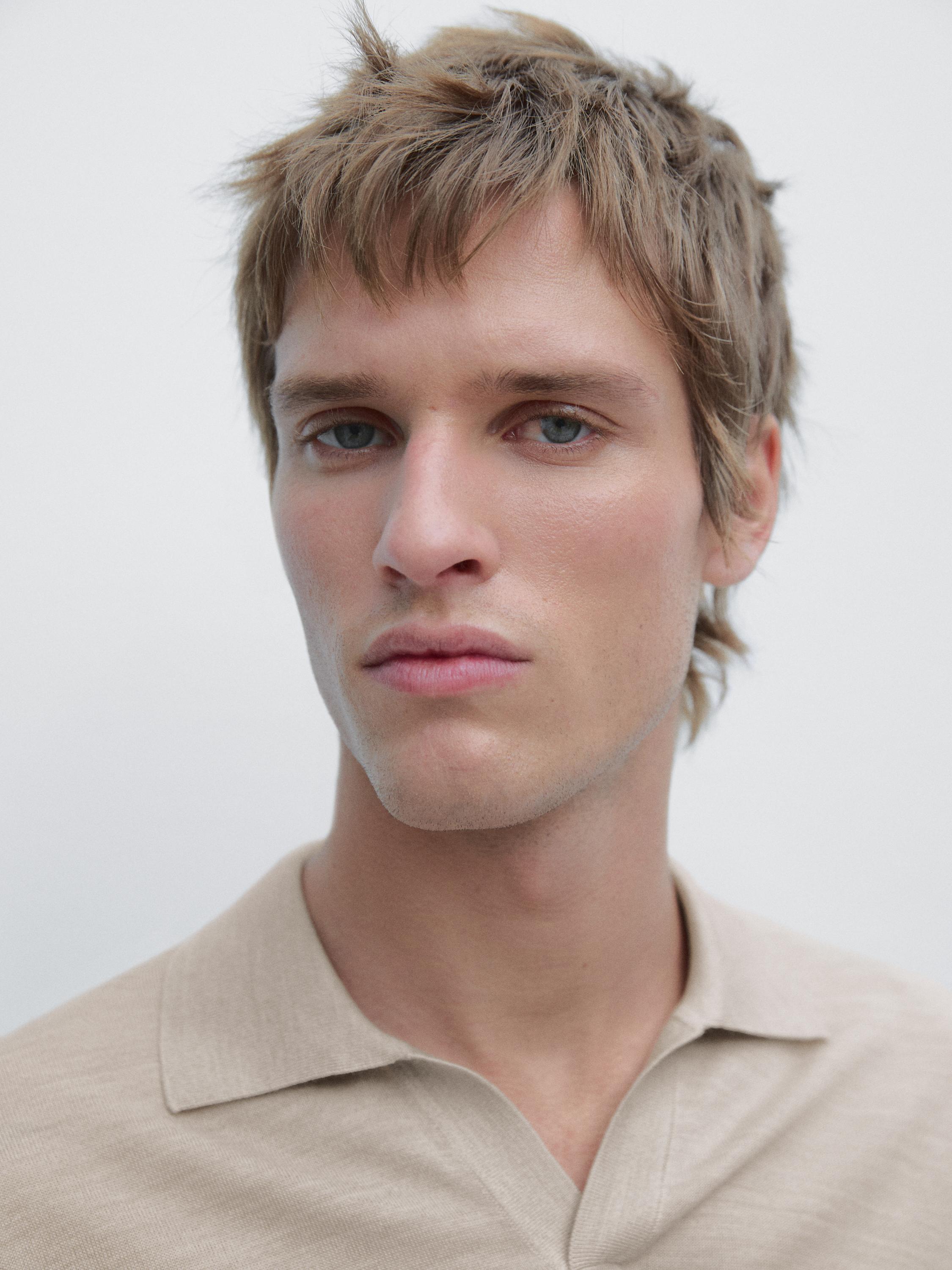 Knit V-neck polo shirt — Beige