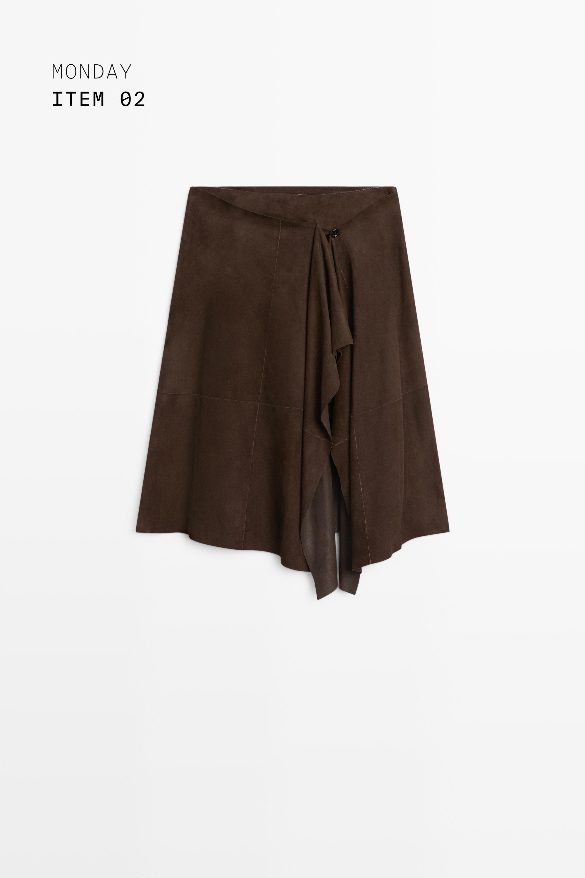 Suede leather midi skirt with ruffle detail — BROWN