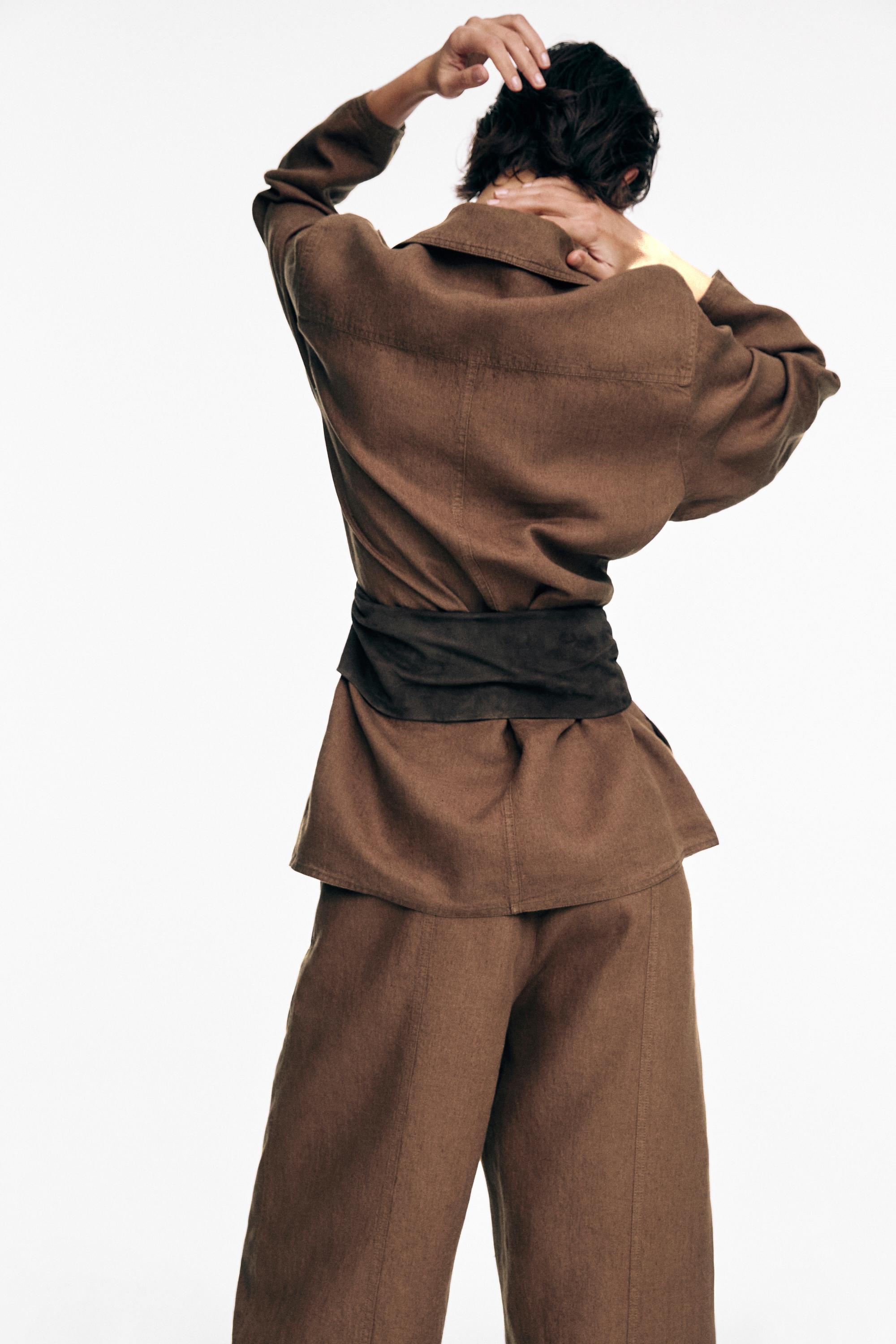 100% linen blazer with pockets and belt detail — BROWN
