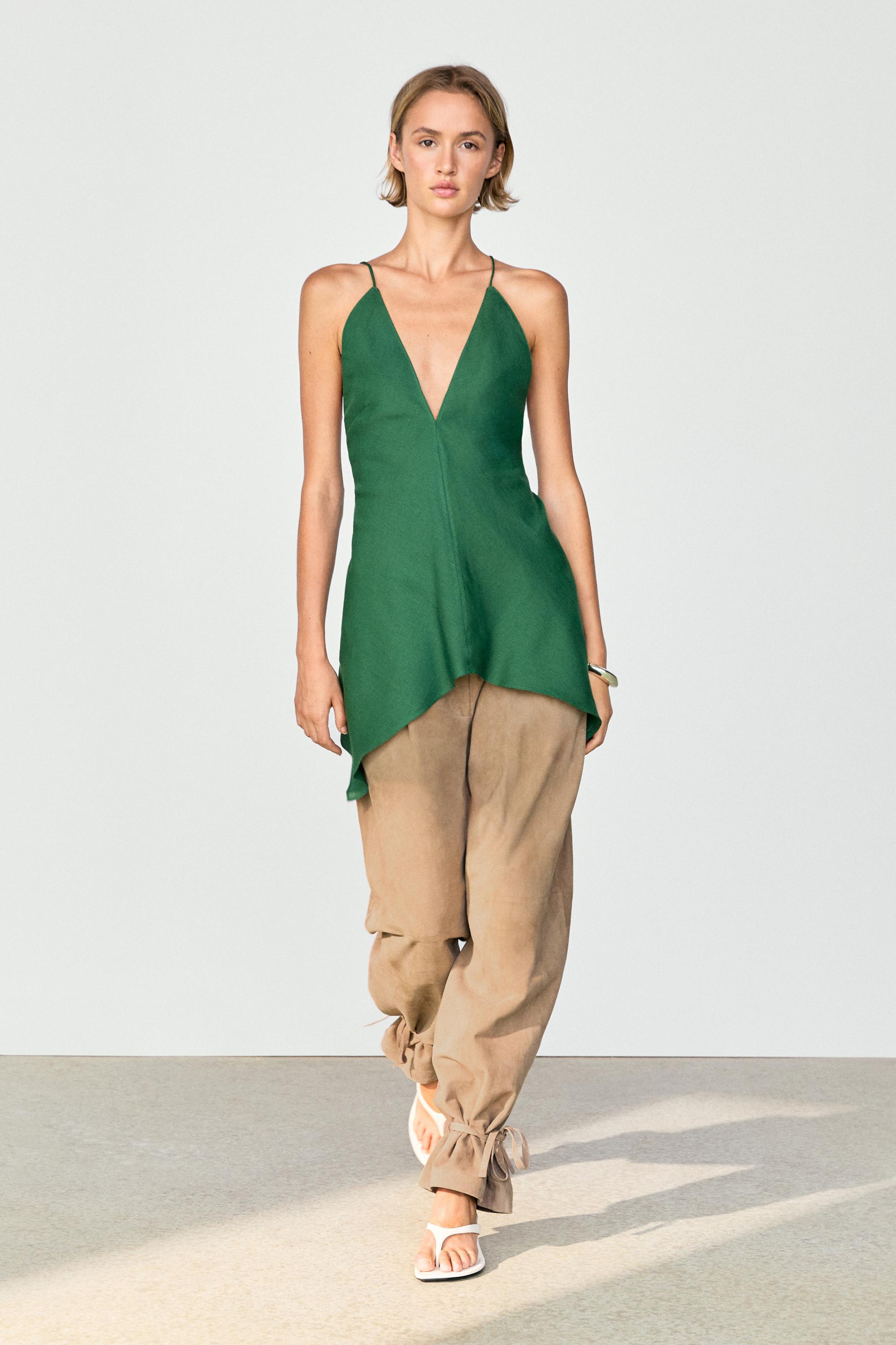 Asymmetric spaghetti strap top — BOTTLE GREEN