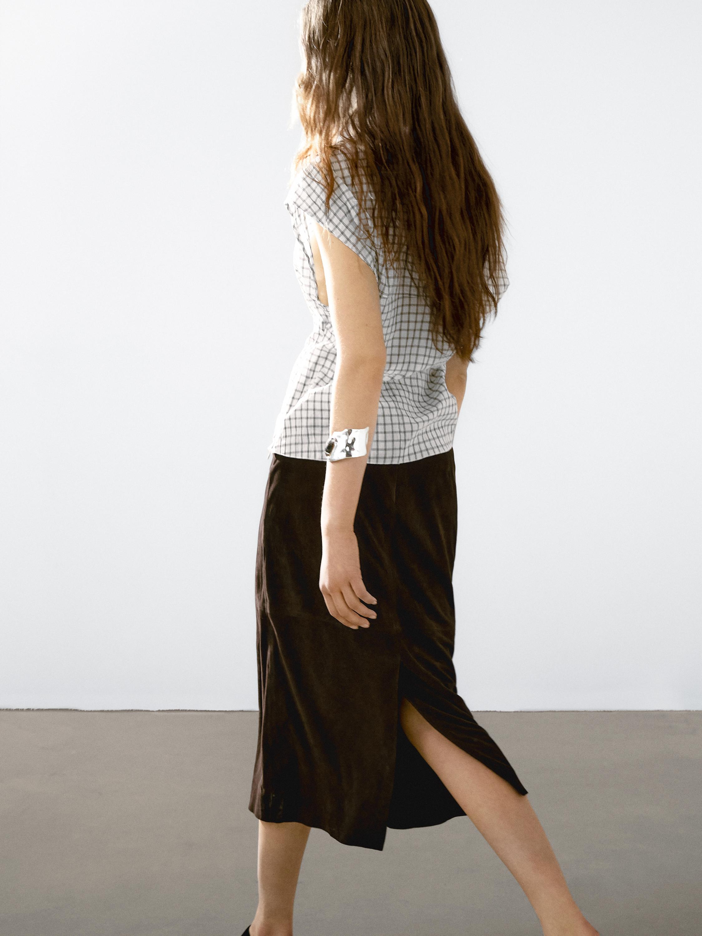 Straight suede leather midi skirt