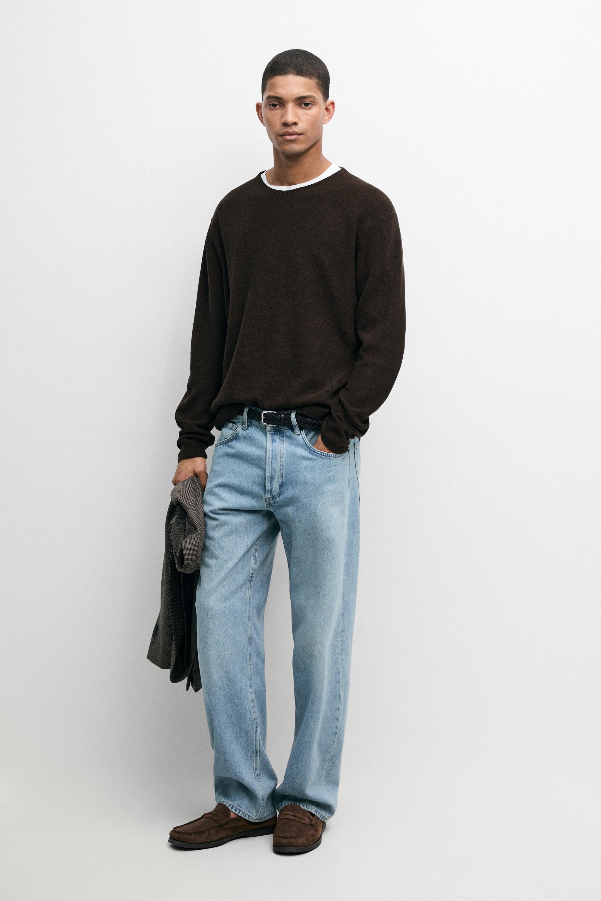 100% cotton mouliné round neck sweater — BROWN
