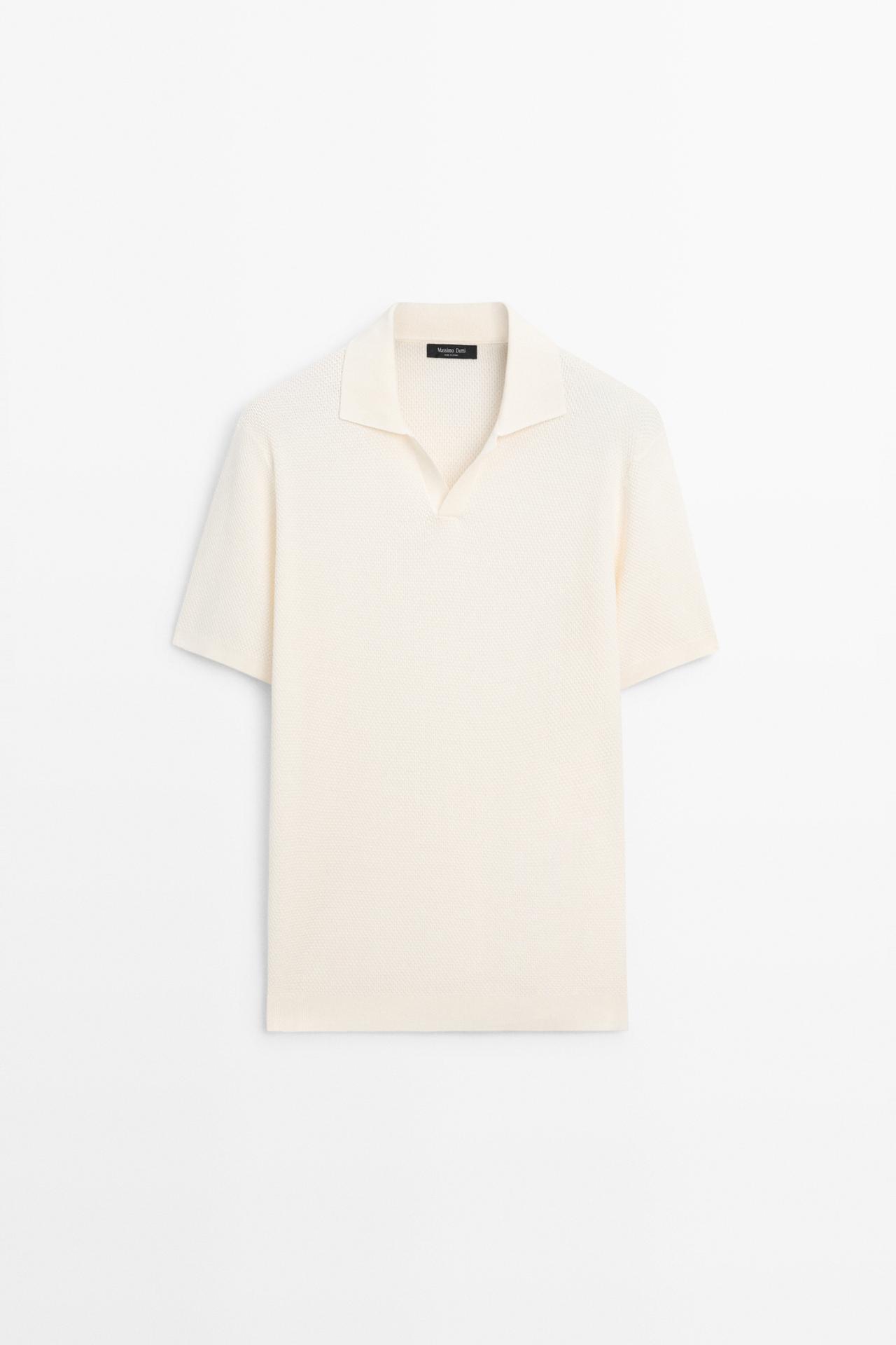 Cotton blend knit V-neck polo shirt — CREAM