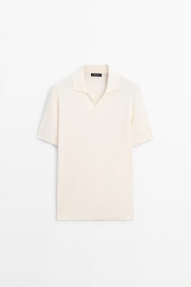 Cotton blend knit V-neck polo shirt — CREAM 2