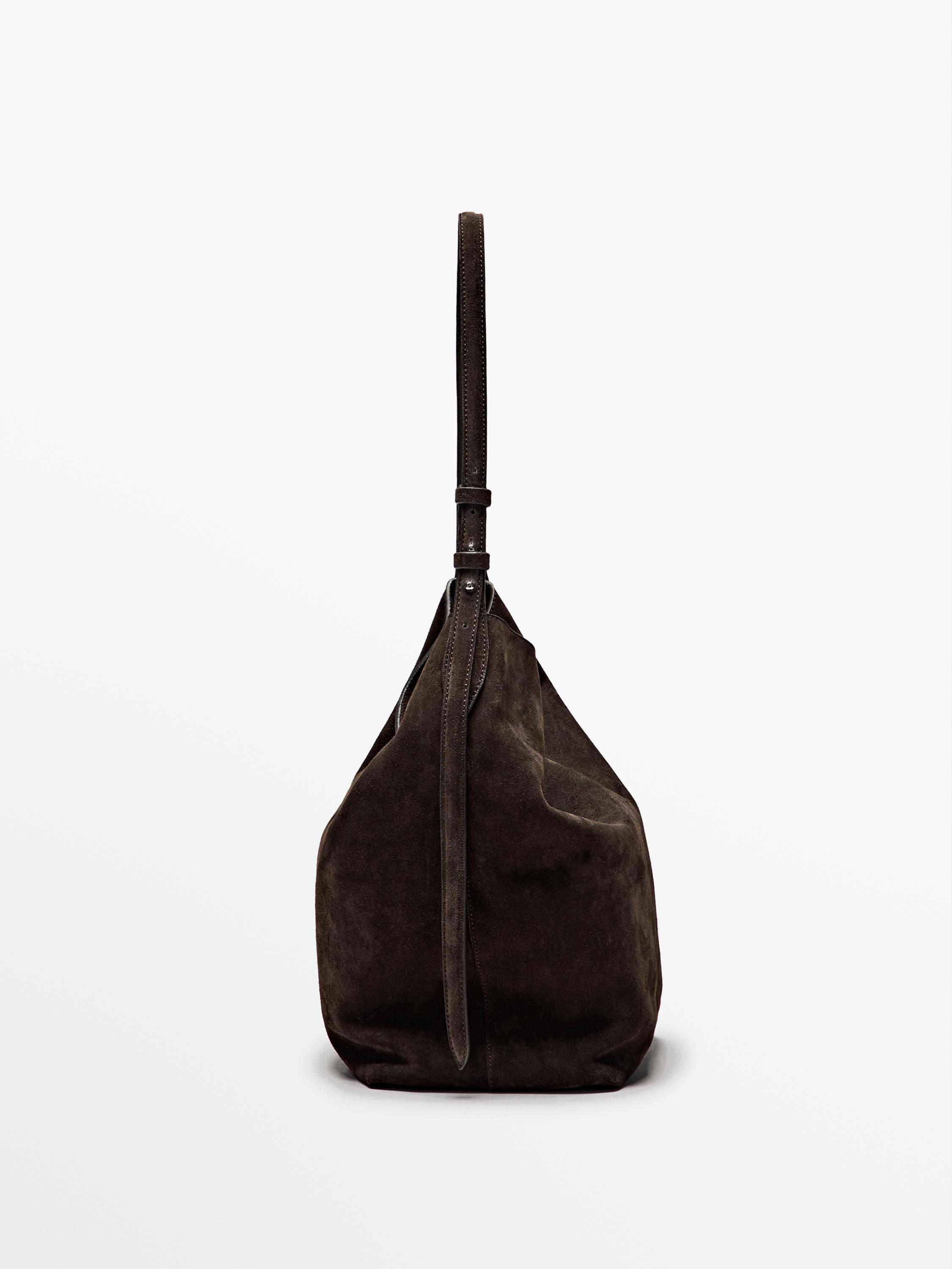Split suede leather bucket bag — BROWN