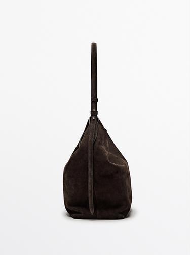 Split suede leather bucket bag — BROWN 7