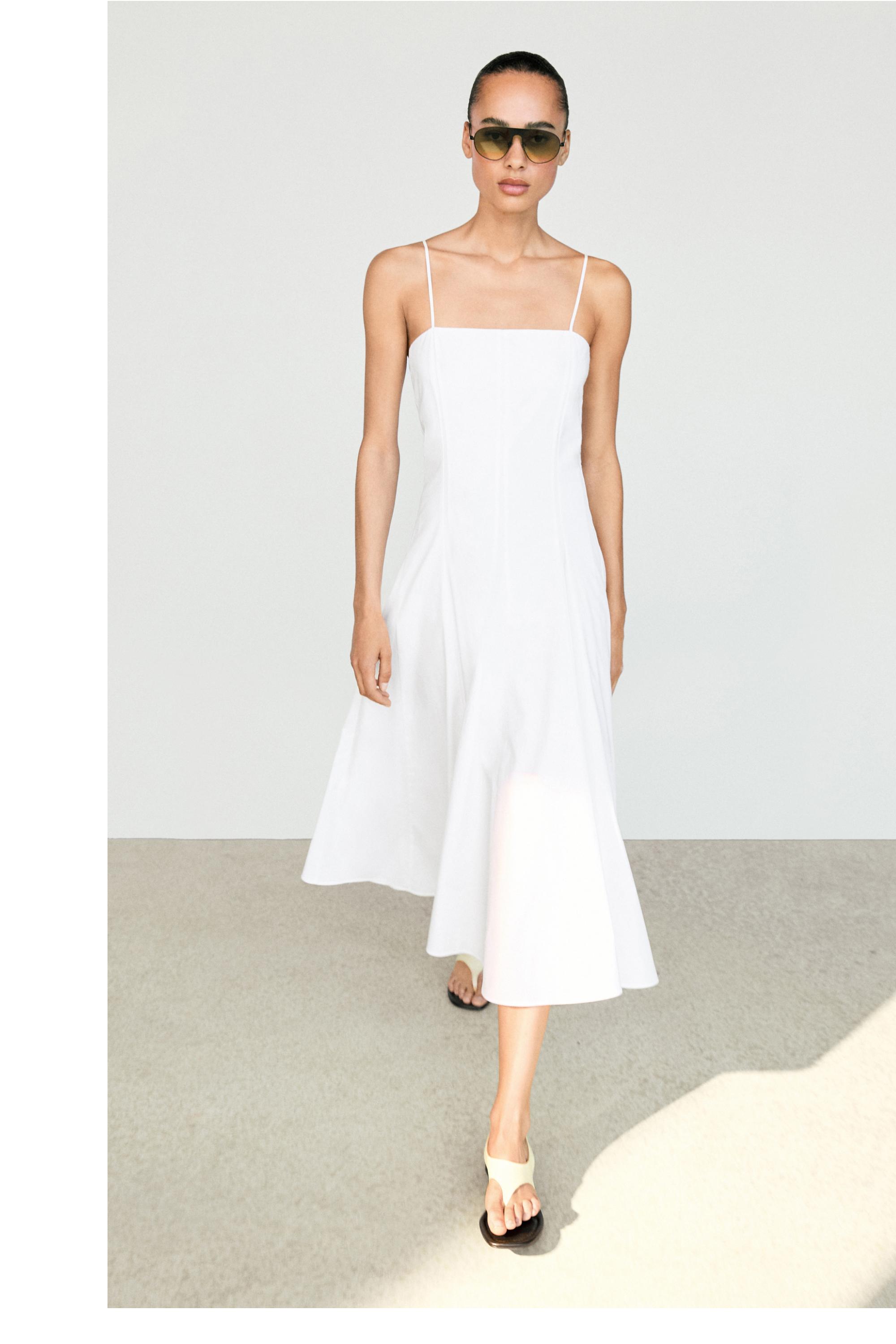 100% linen midi dress with straight neckline — WHITE