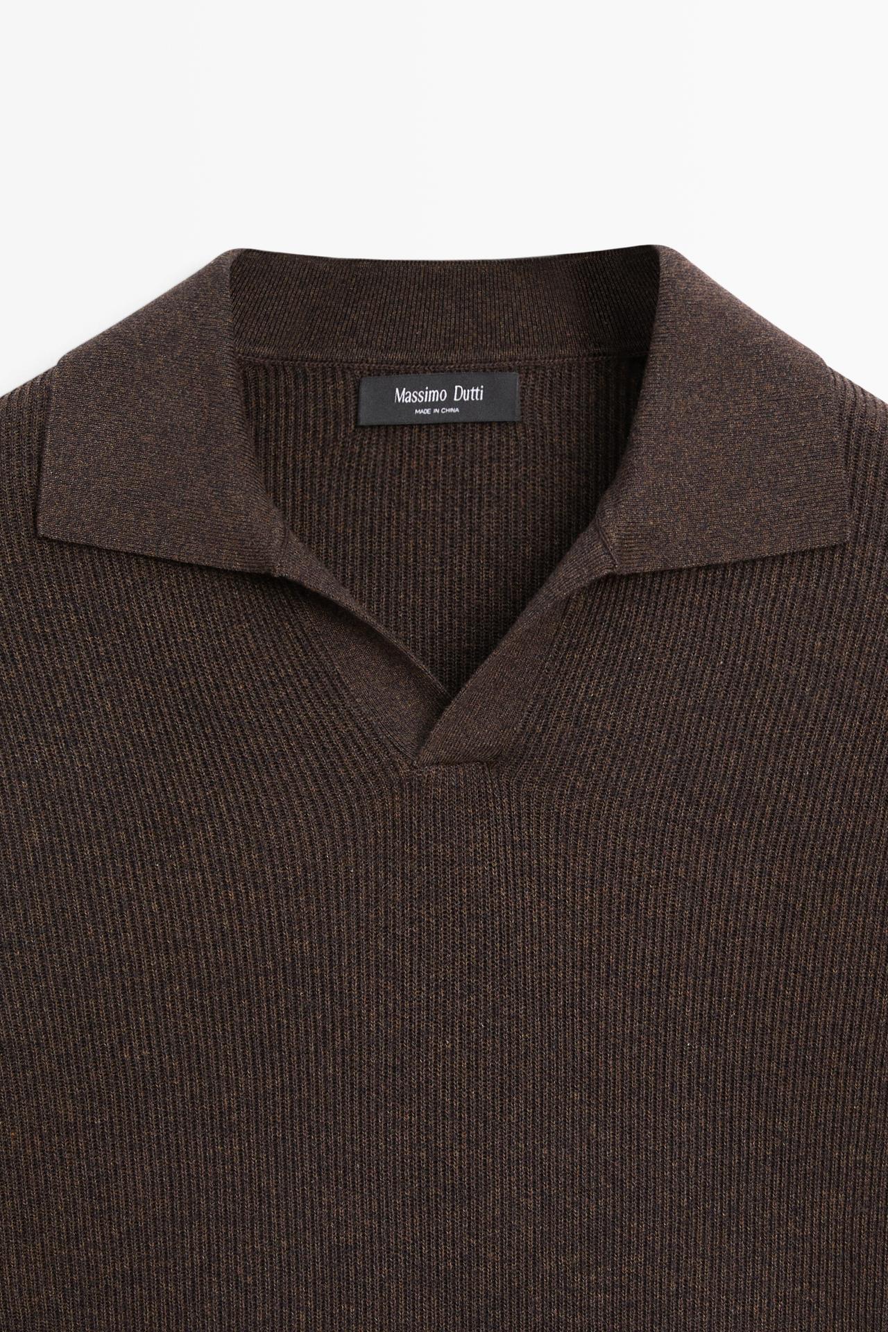 Cotton blend knit polo sweater — BROWN