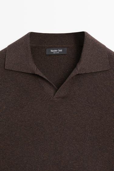Cotton blend knit polo sweater — BROWN 9