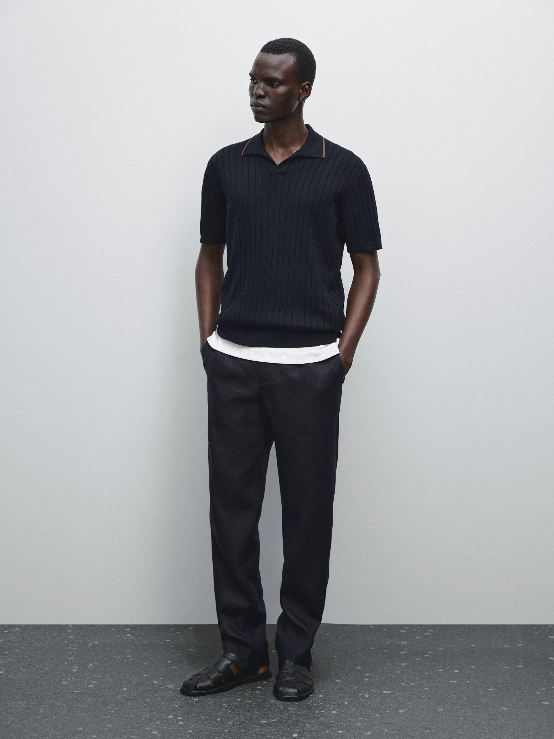 Koszulka Polo Z Prążkowanej Dzianiny - Granatowy - Xl - Massimo Dutti - Mężczyzna