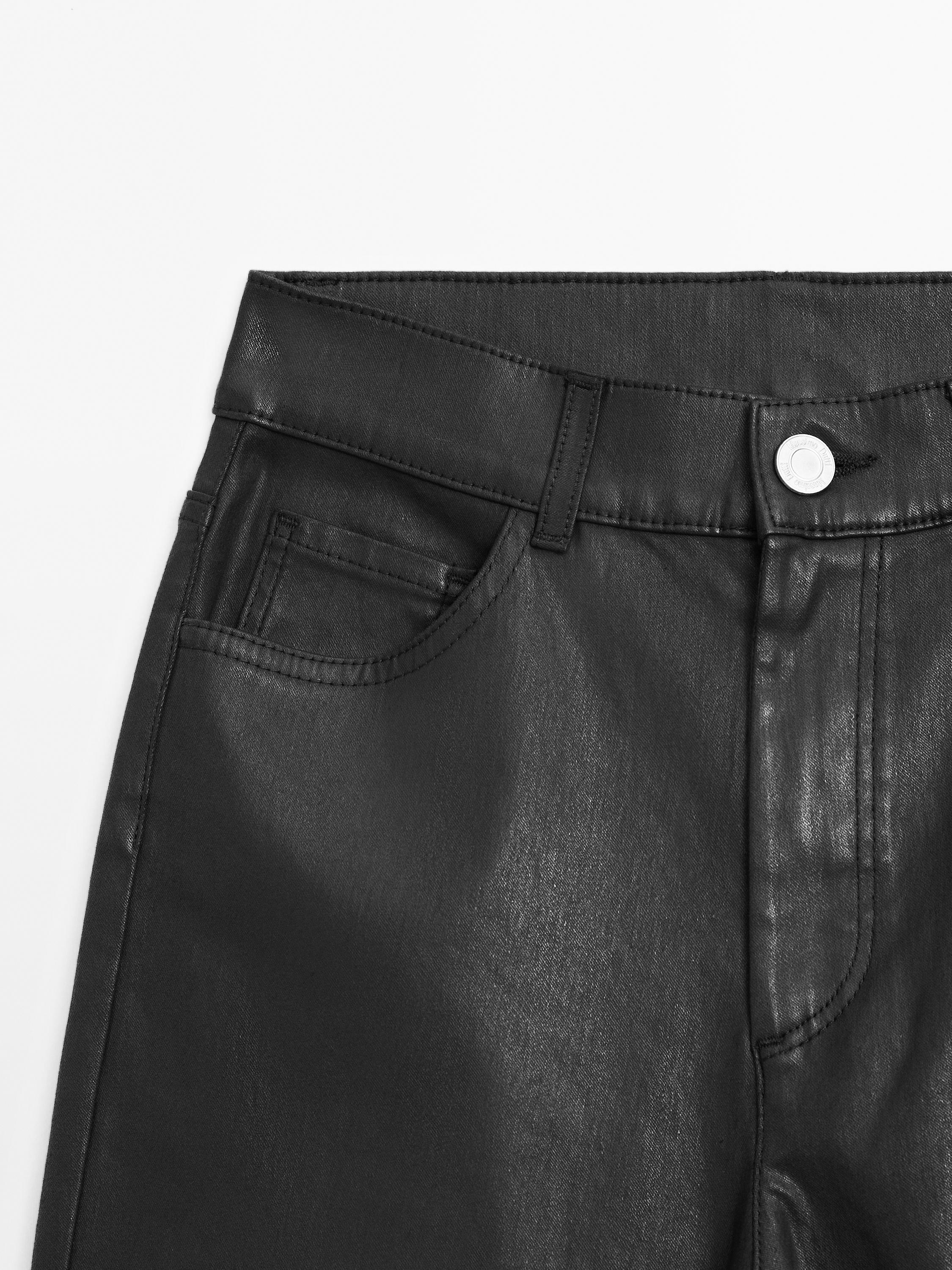 High-waist straight-leg waxed trousers — BLACK