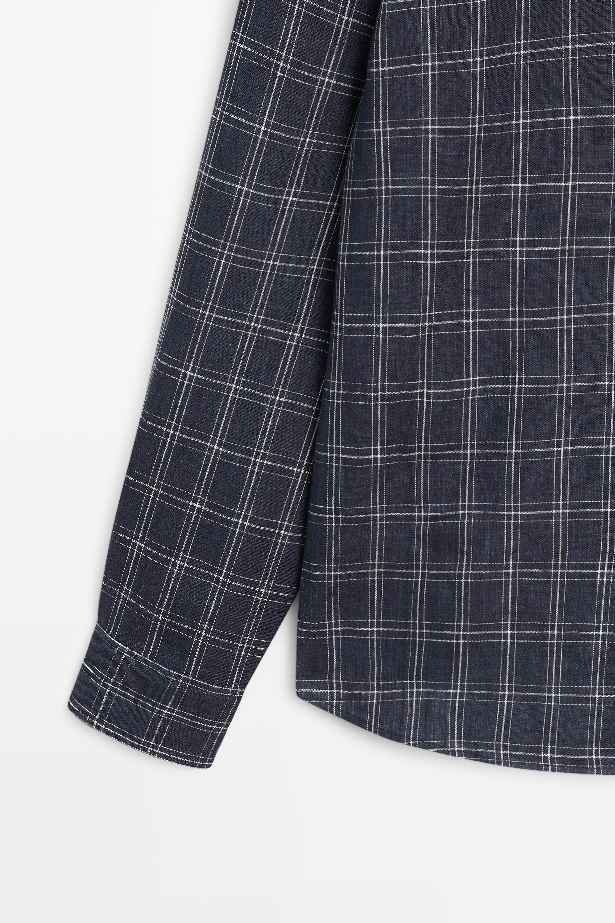 100% linen regular fit check shirt — DARK BLUE