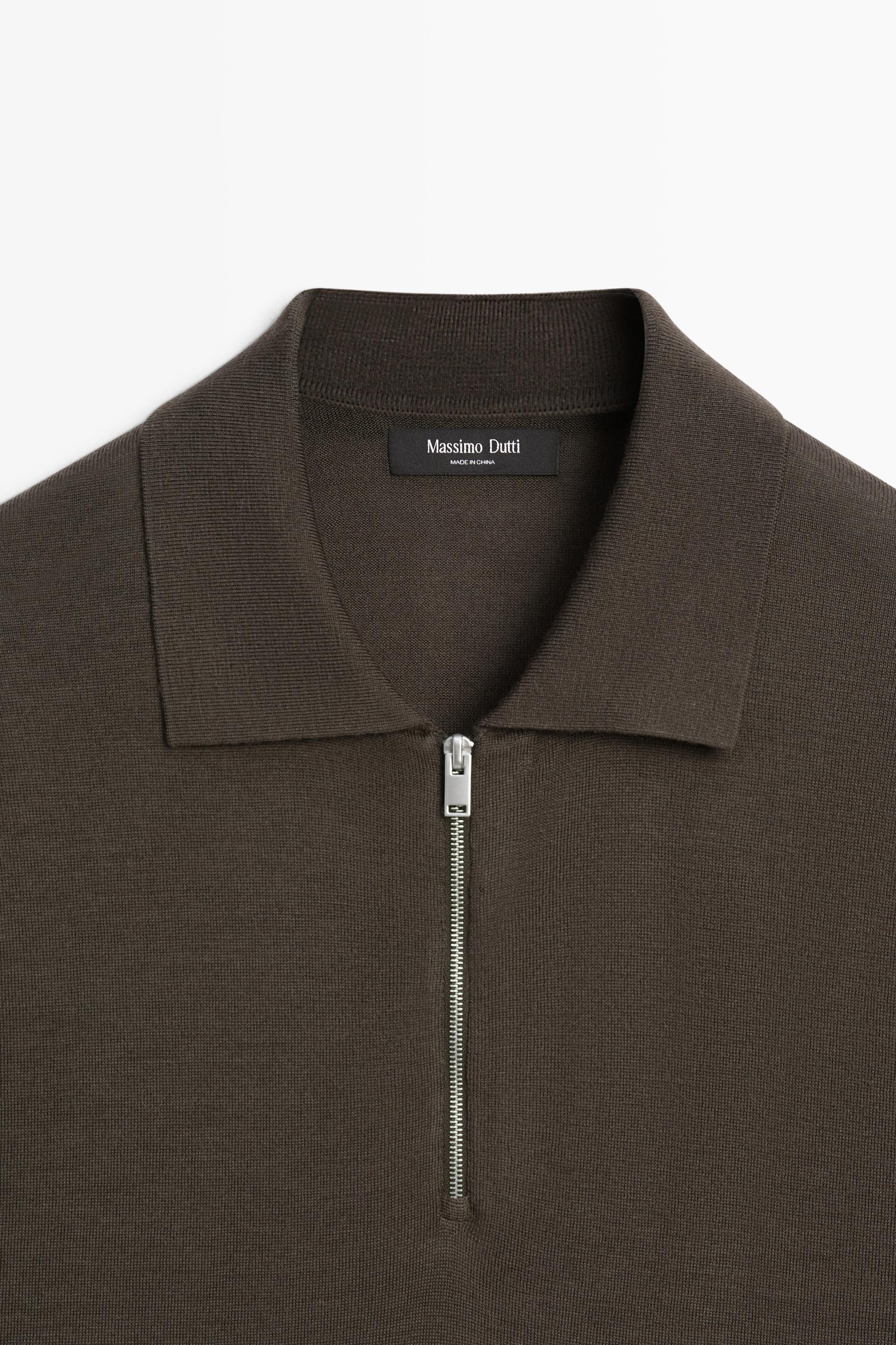 Wool blend zip-detail polo shirt — DARK KHAKI