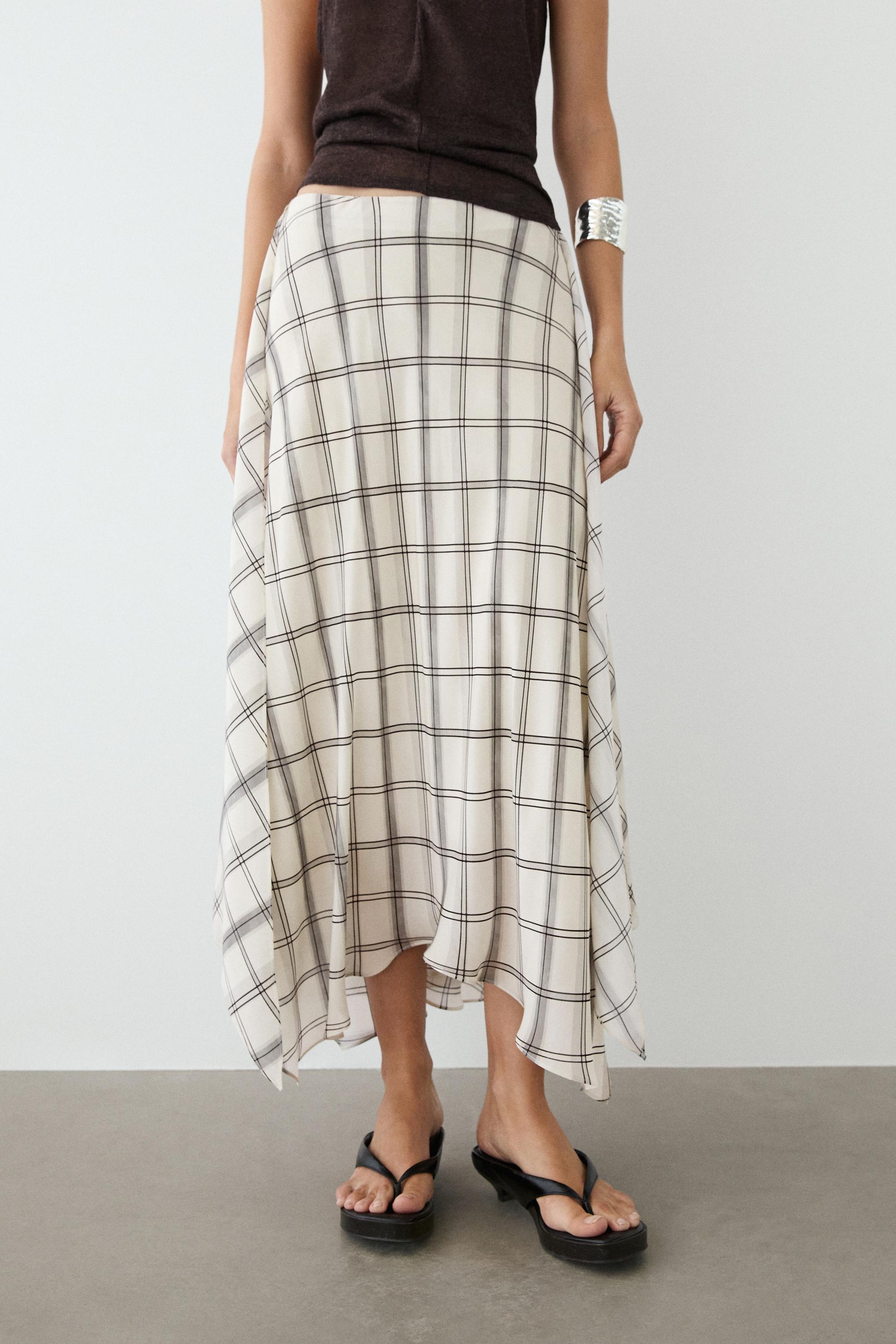 Asymmetric midi skirt with check detail — WHITE