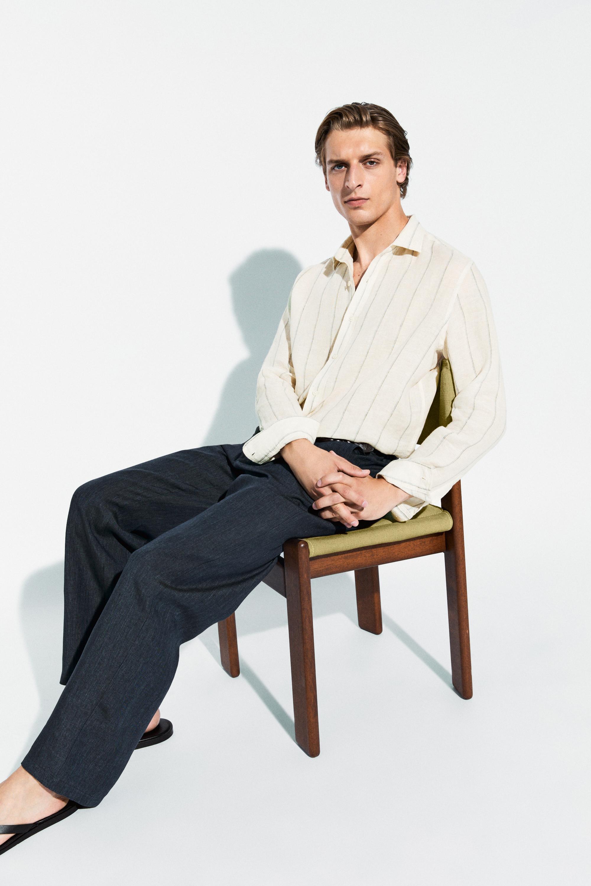 100% Linen Elastic-Waist Pants — NAVY BLUE