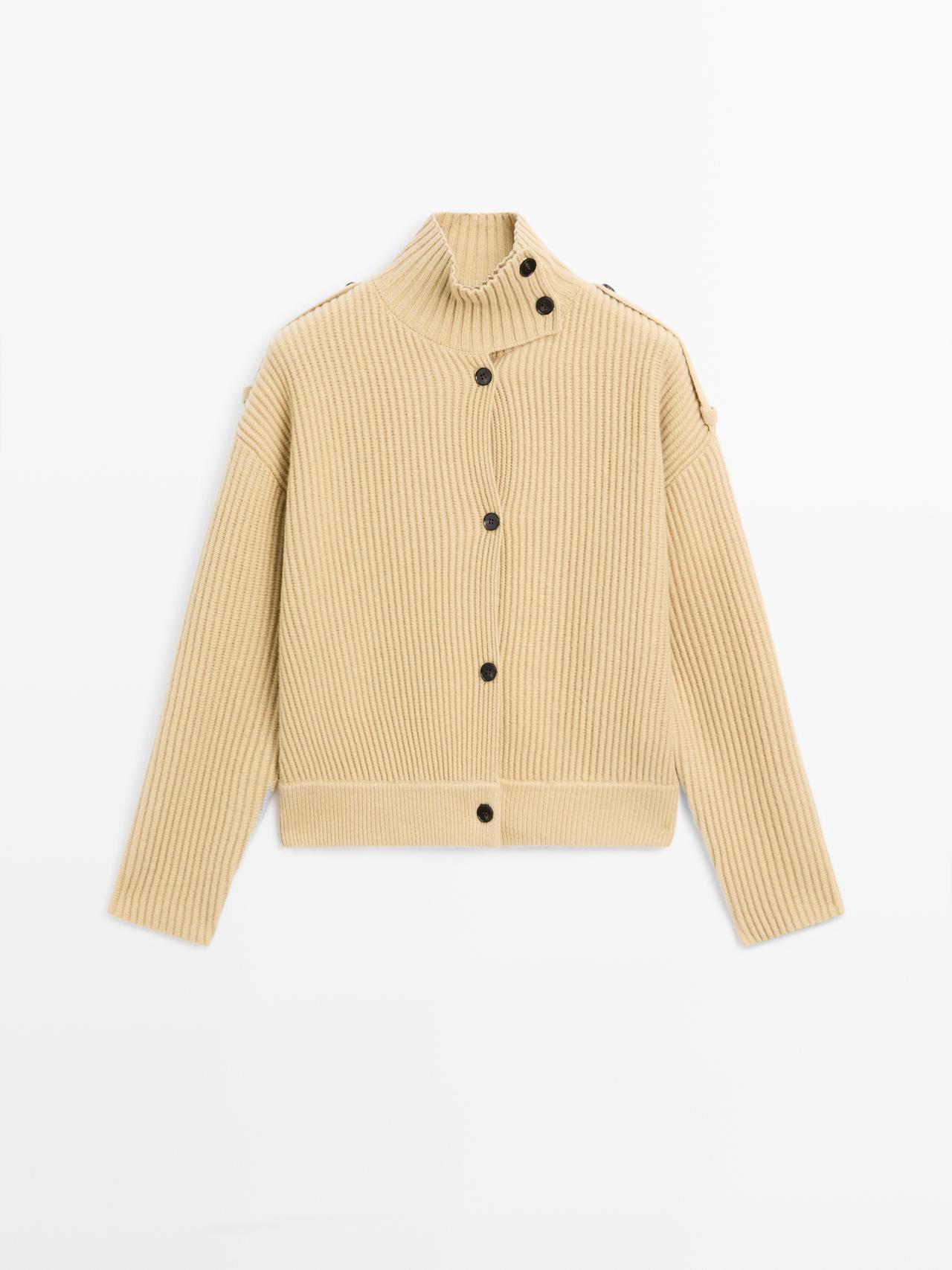 Massimo Dutti - Dame - 100% Wool Turtleneck Cardigan - Oliven - L