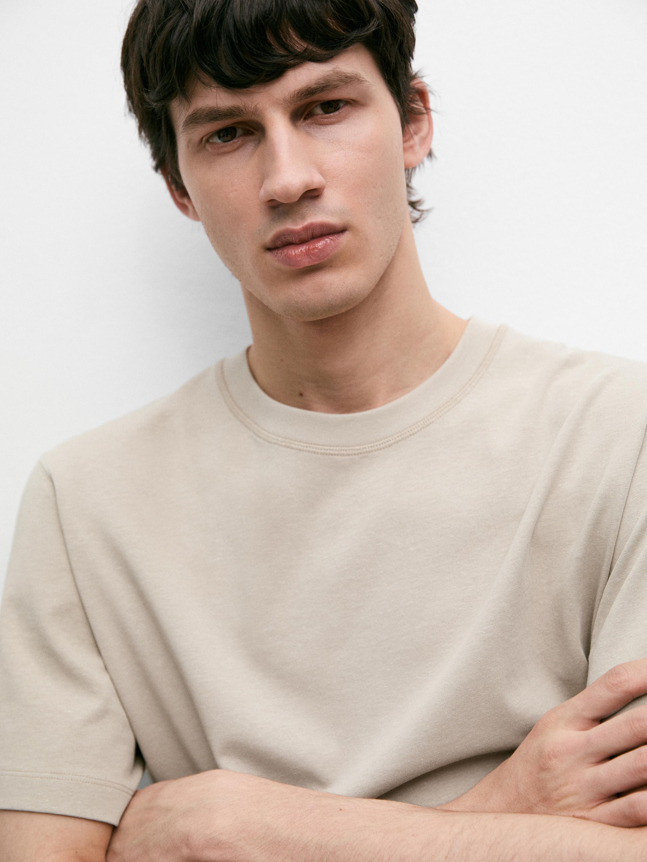 Short sleeve cotton blend T-shirt — SAND