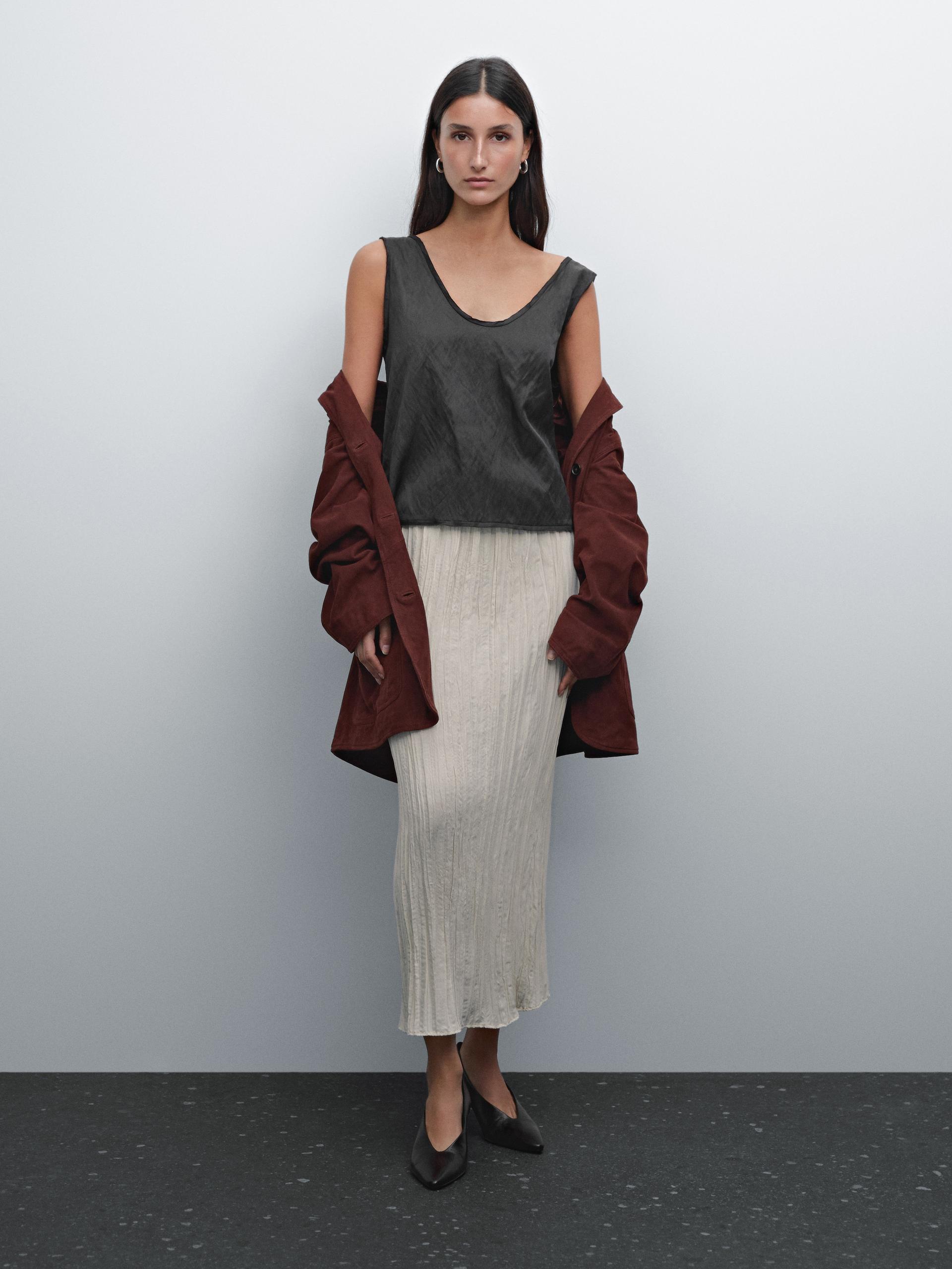 Jupe Midi Fluide Plissée - Cru - S - Massimo Dutti - Femme