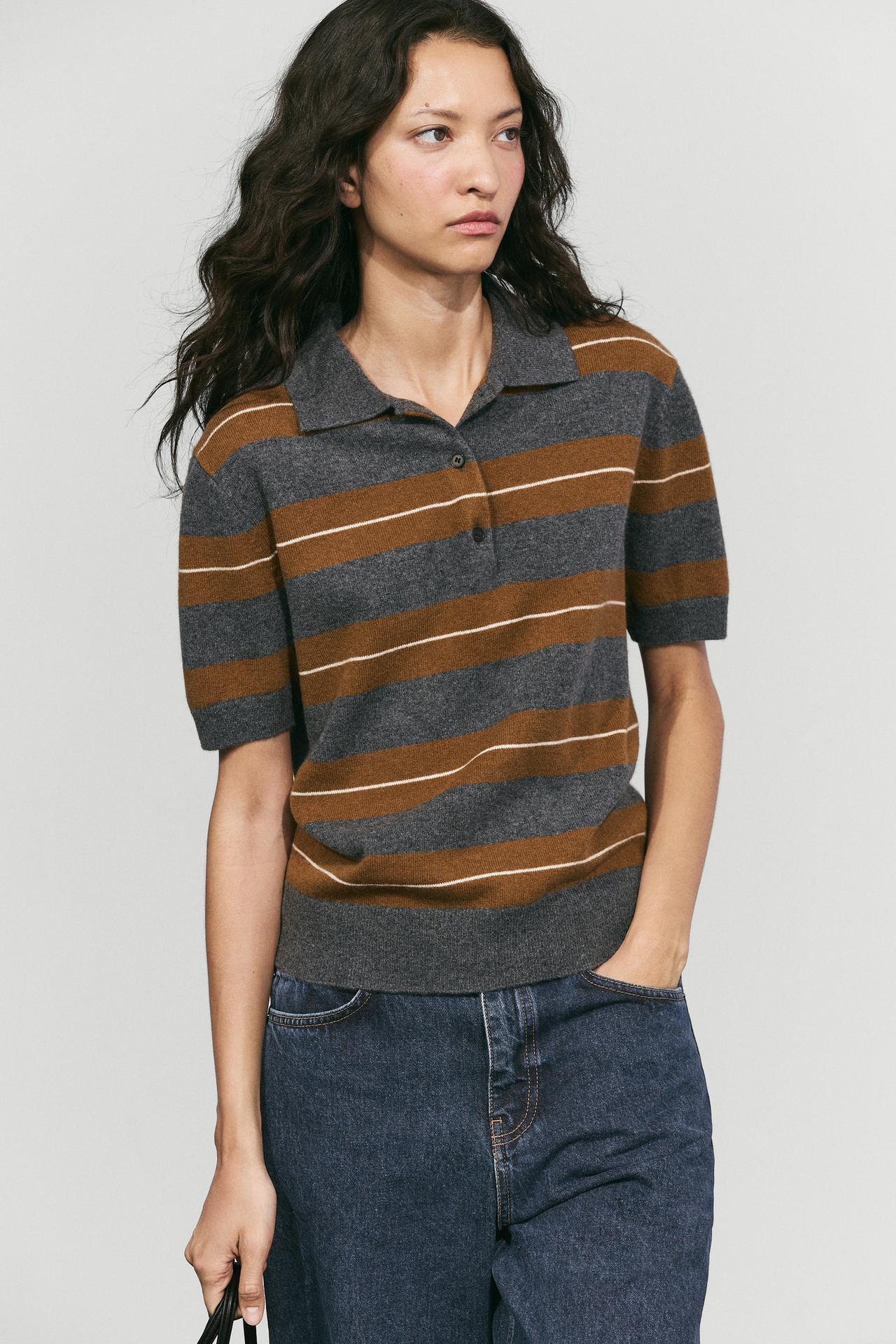 100% wool striped knit polo — MEDIUM GREY