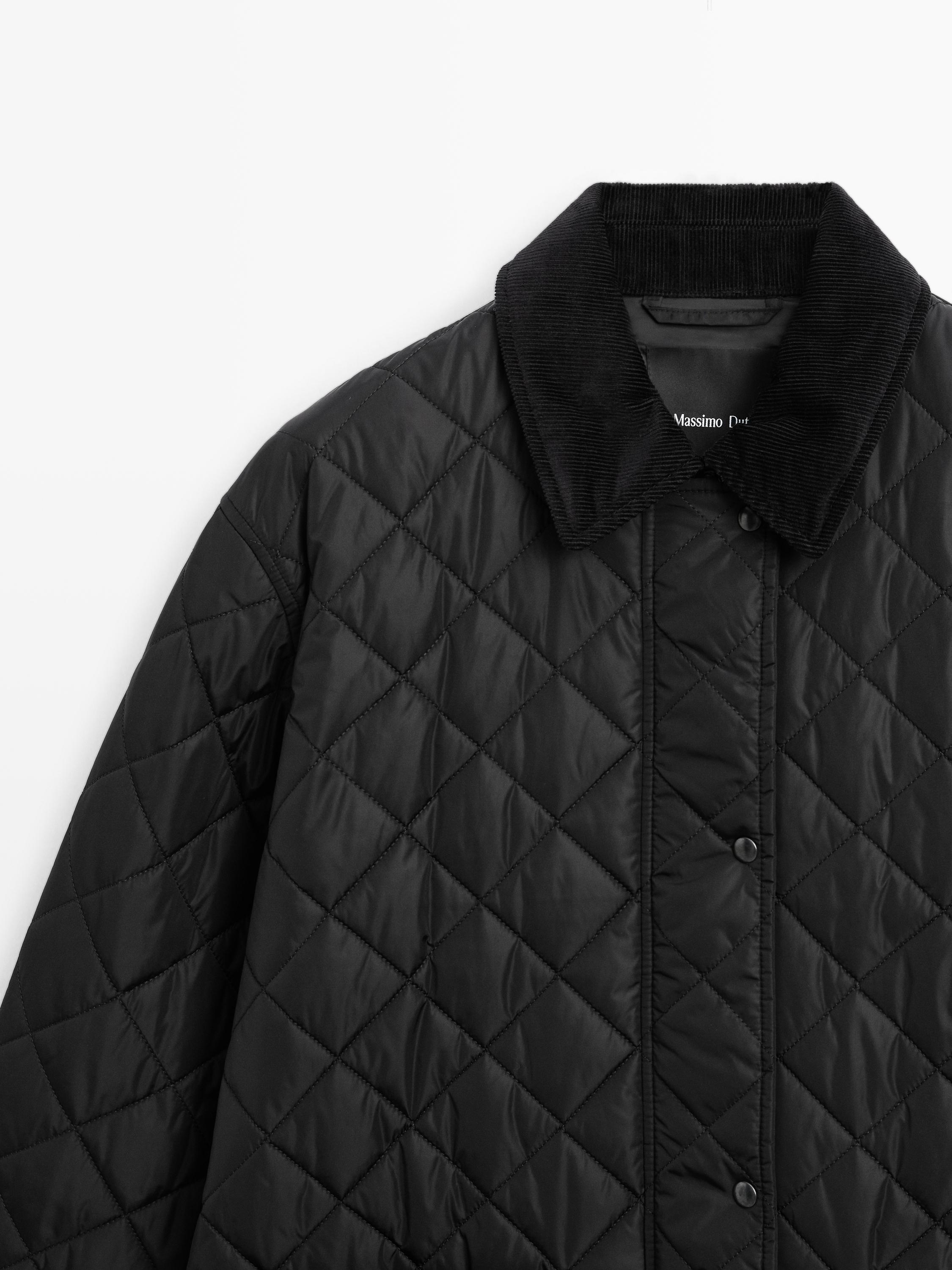Long lightweight puffer jacket with corduroy detail