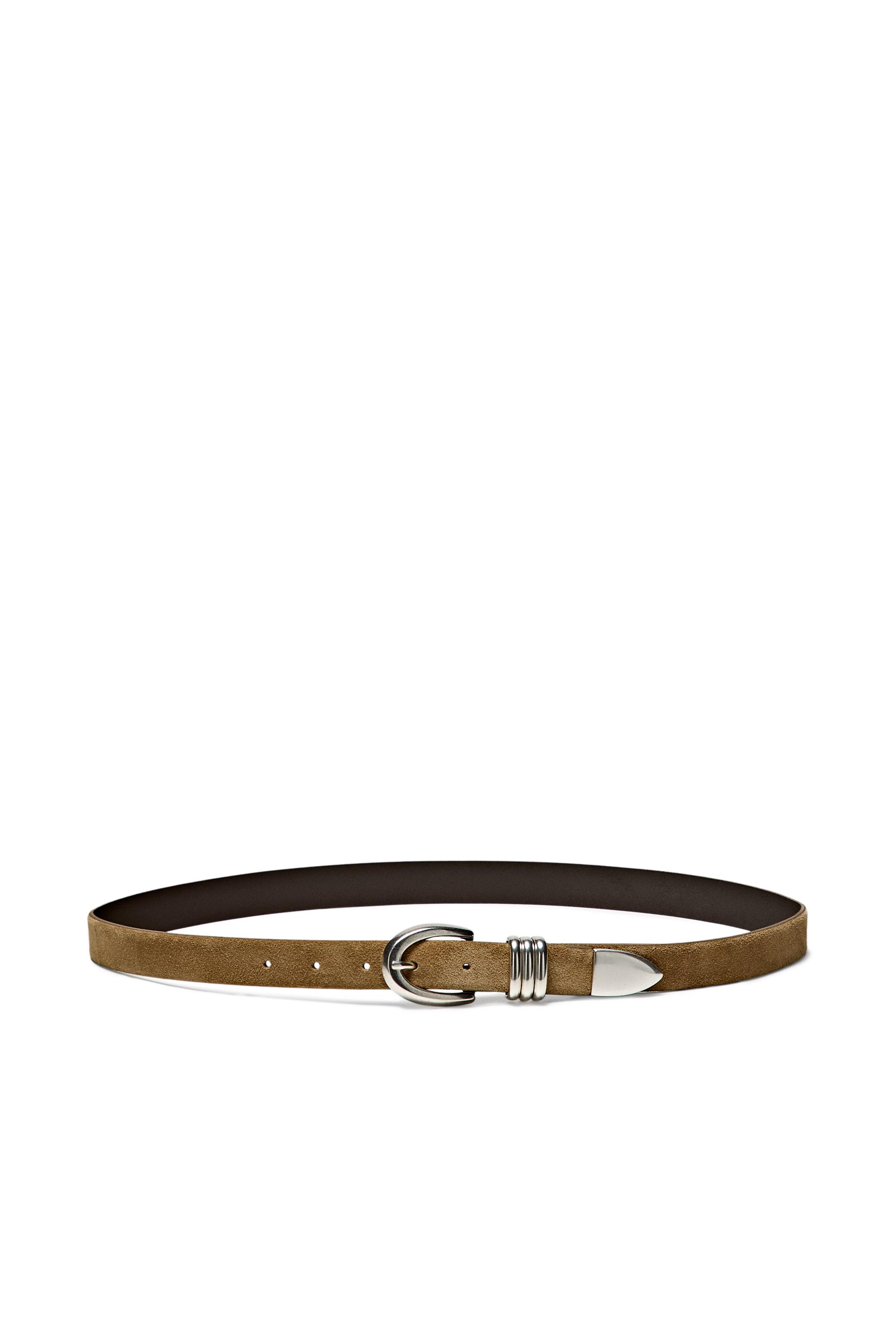 Split suede leather belt with metal detail — SAND