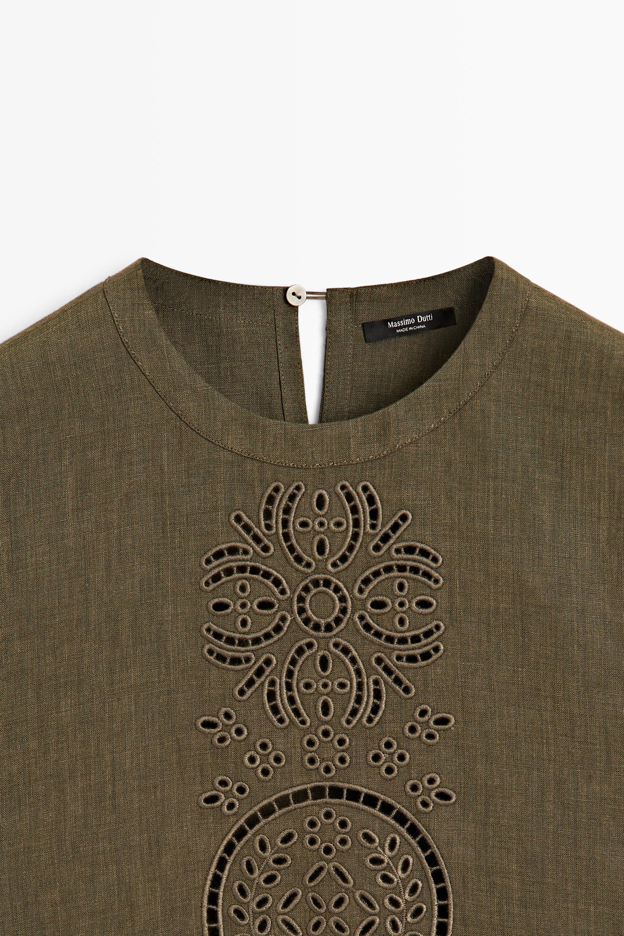 Linen blend blouse with embroidered details — GREEN