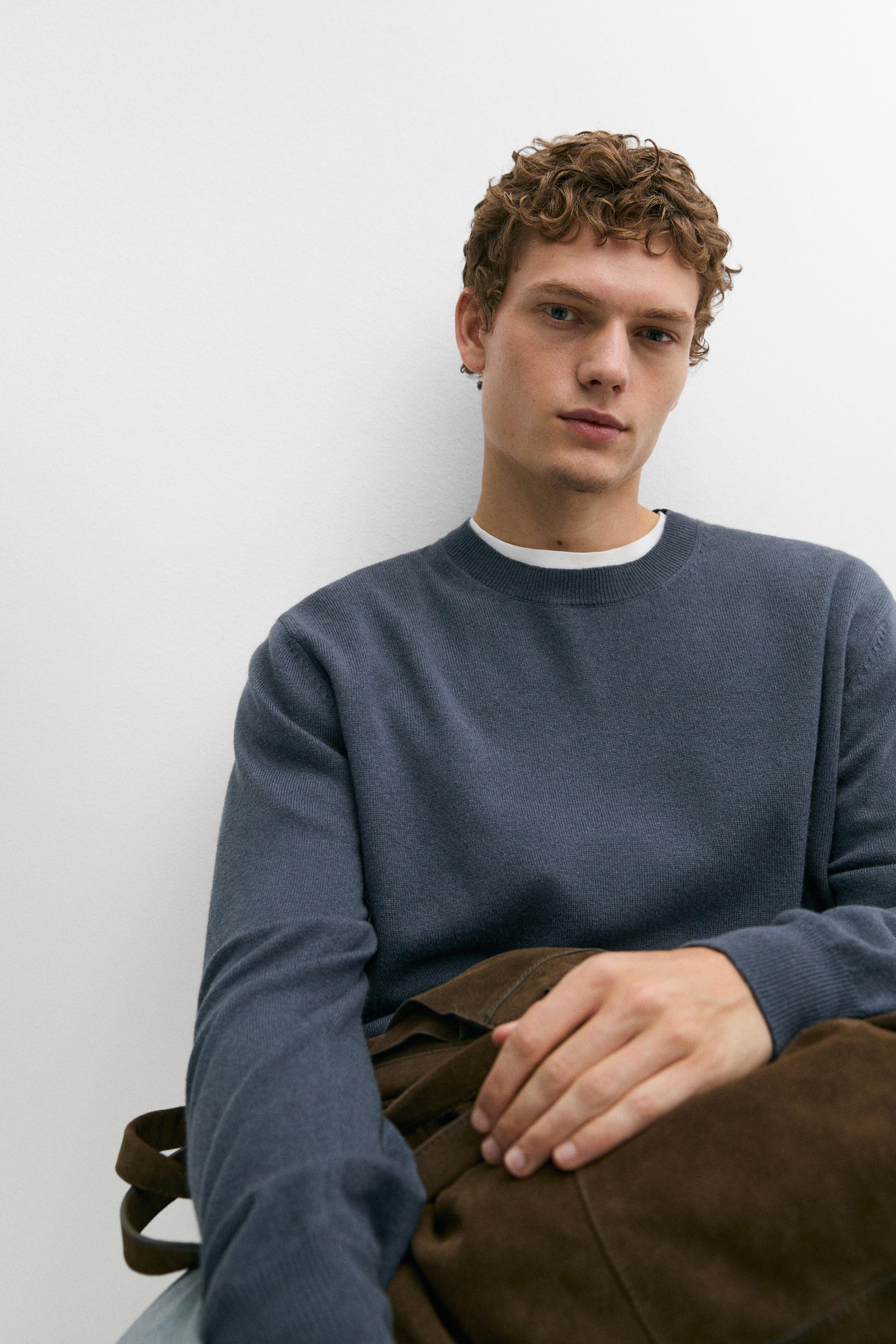 Wool blend round neck knit sweater — DARK BLUE