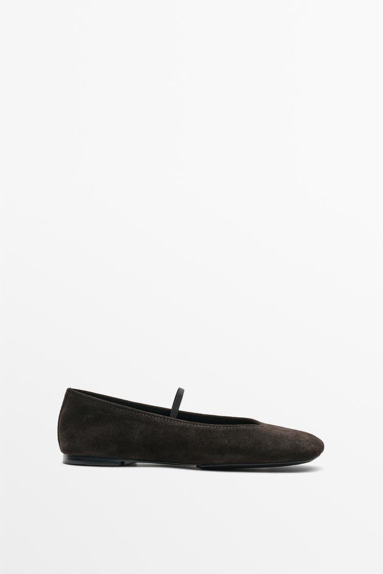 Square toe leather ballerina flats — BROWN