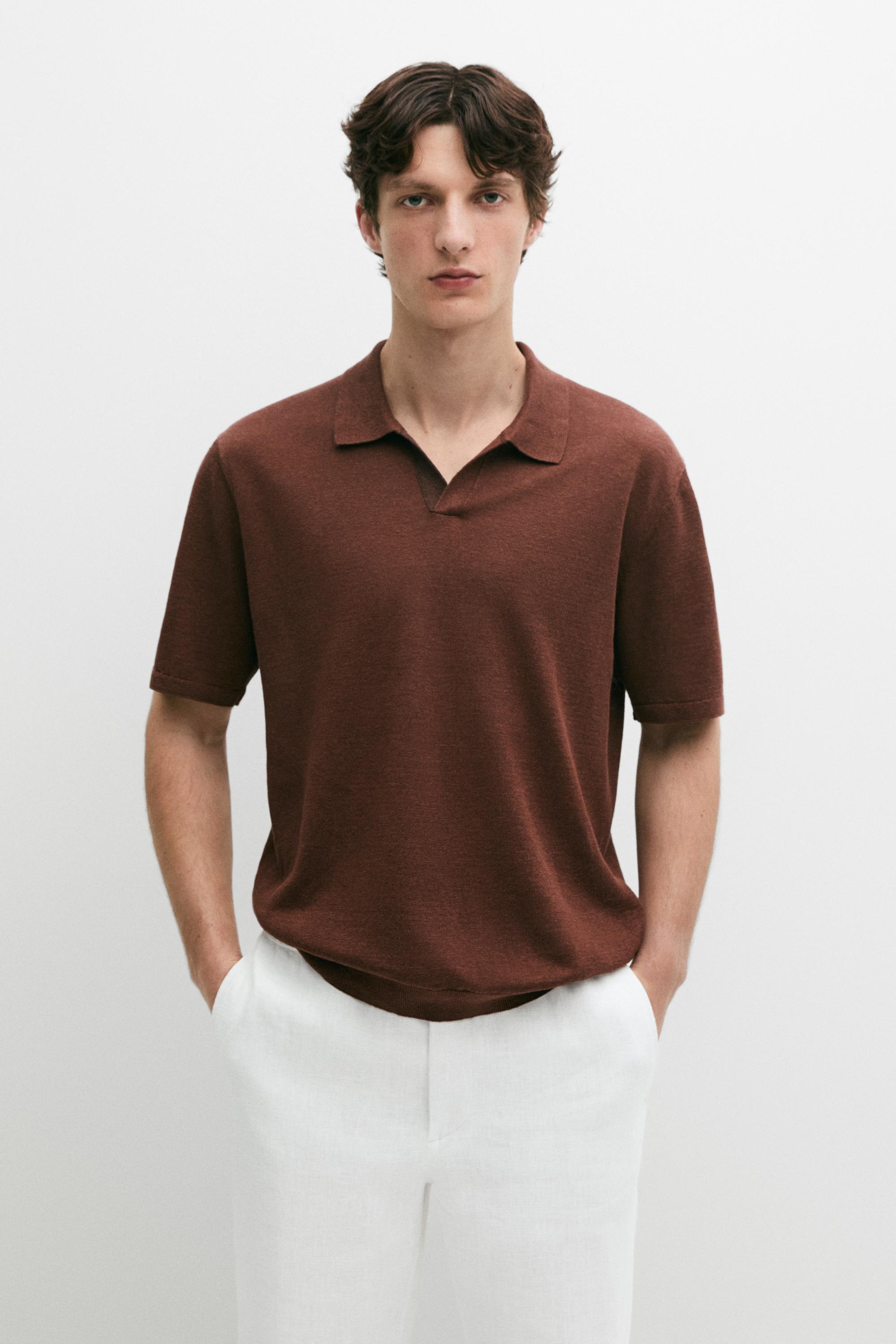 Linen V-neck polo sweater — COPPER