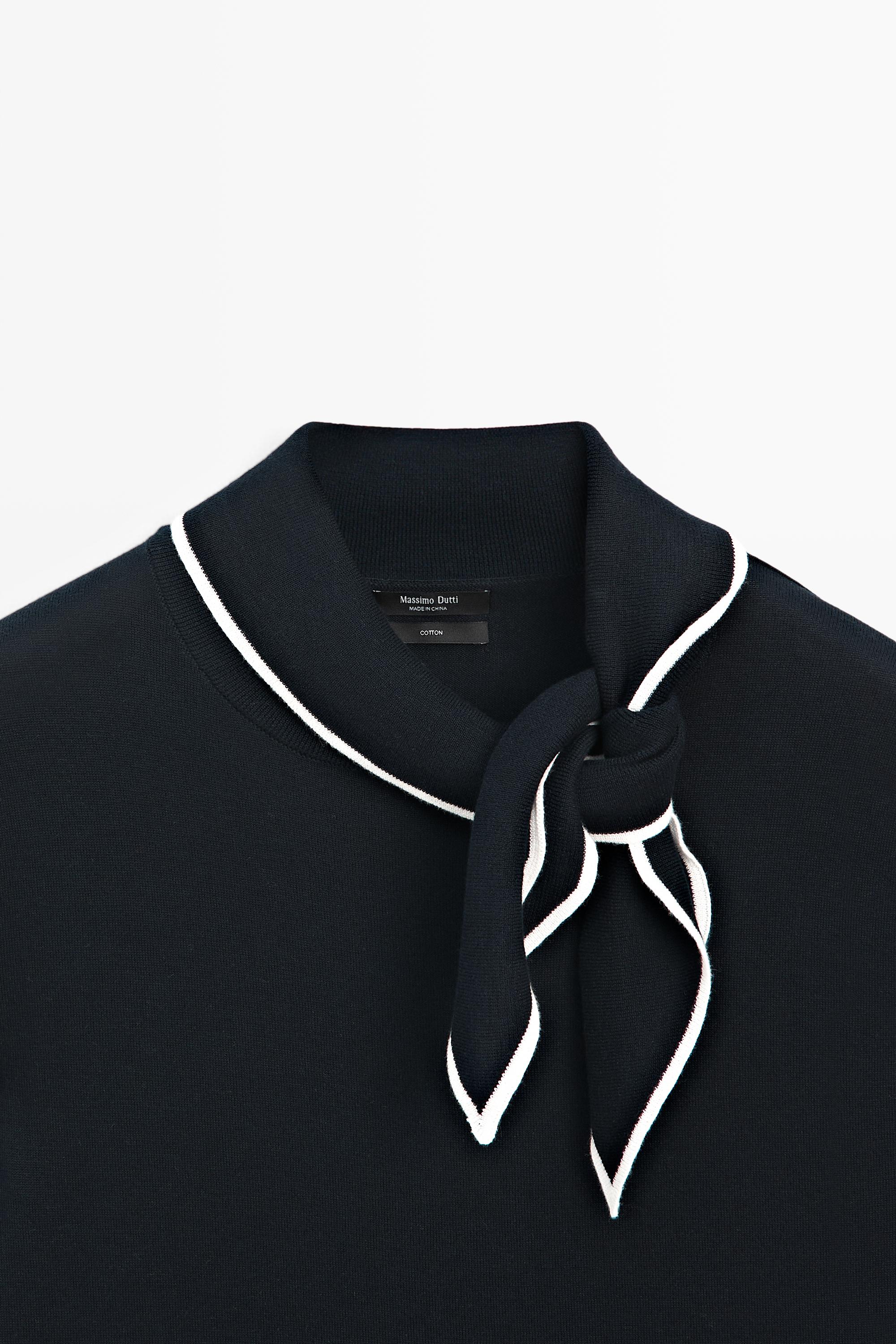 100% cotton knit sweater with scarf detail — NAVY BLUE