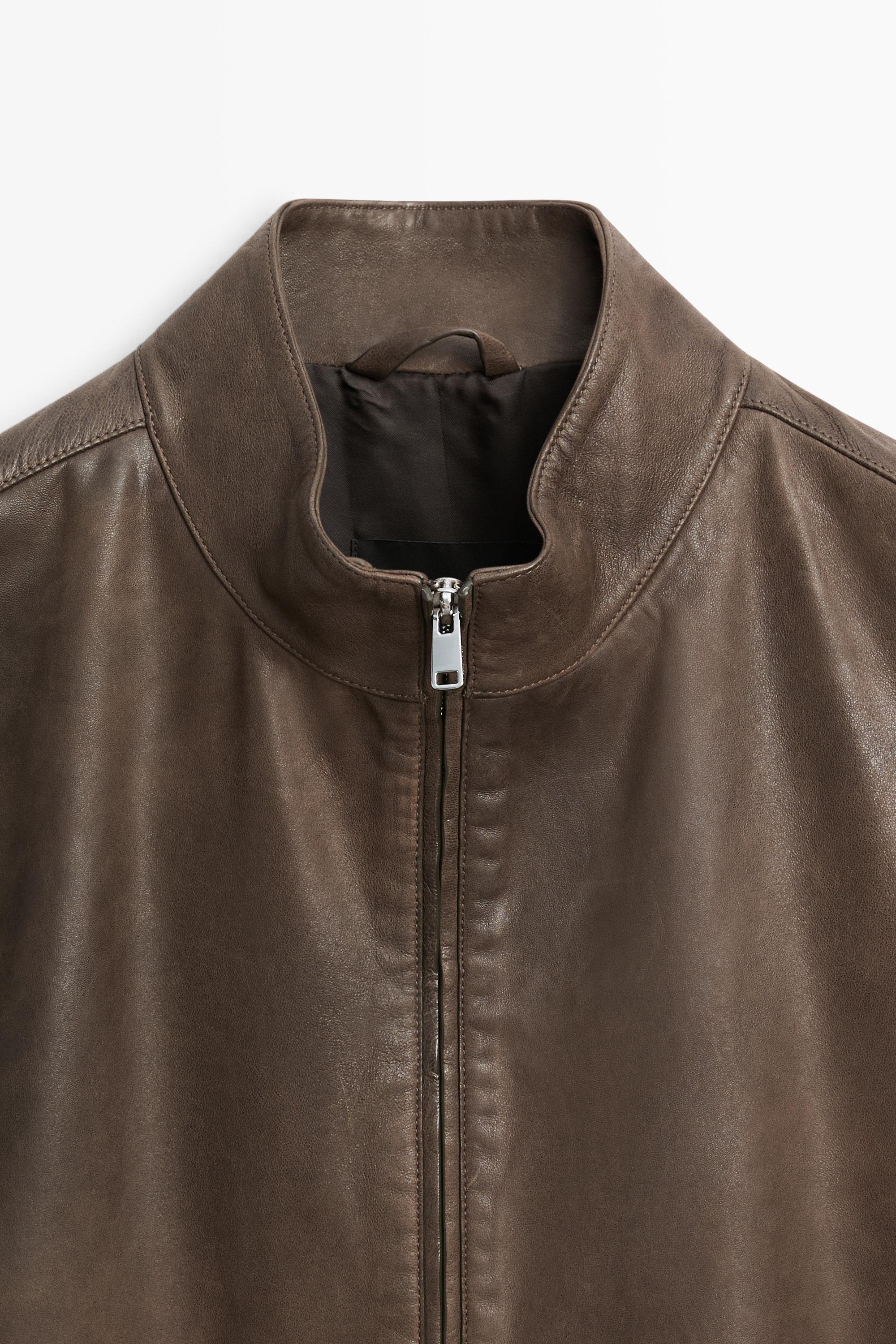 Nappa leather jacket with collar detail — Khaki