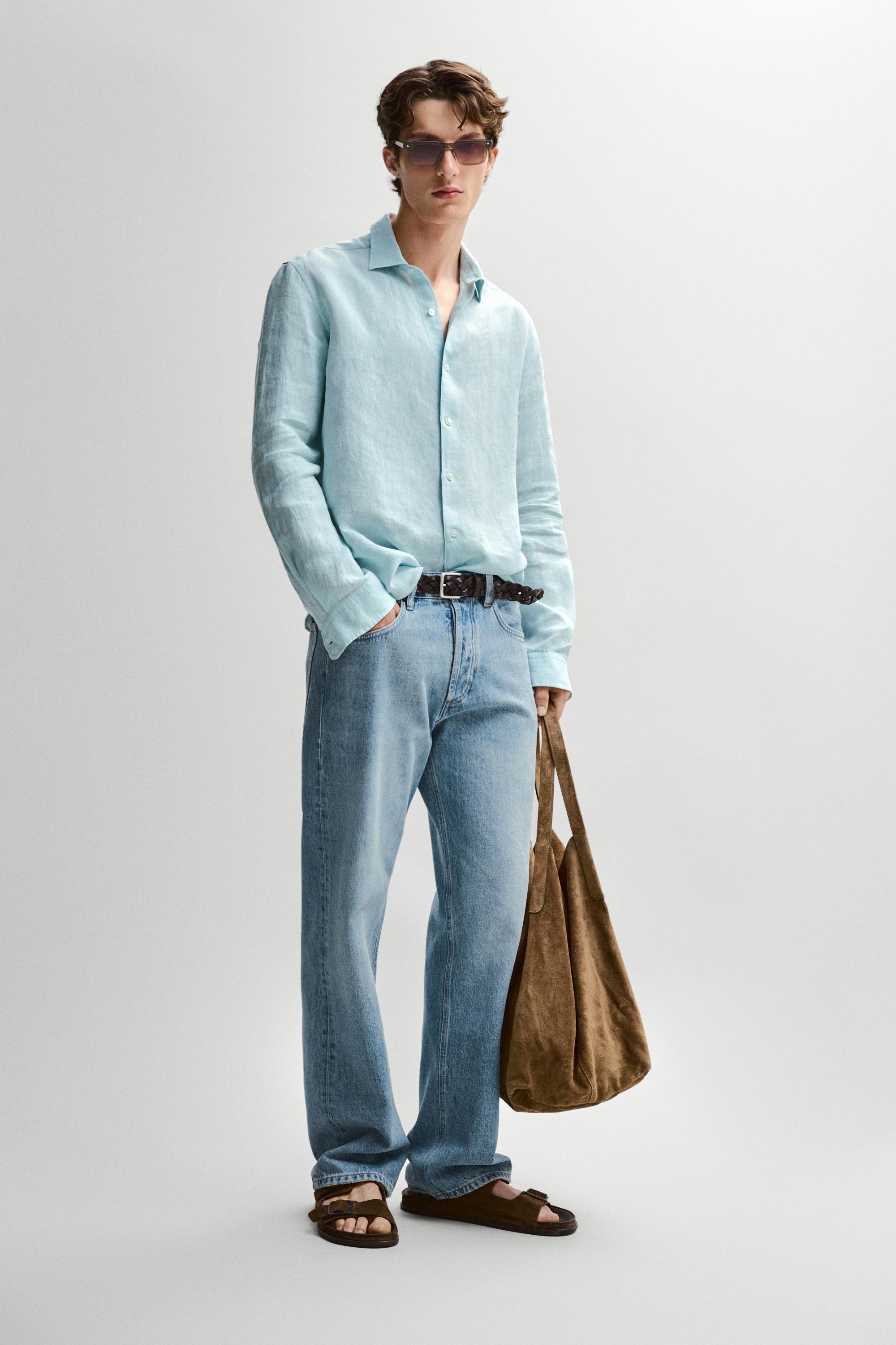 100% linen regular fit shirt — TURQUOISE