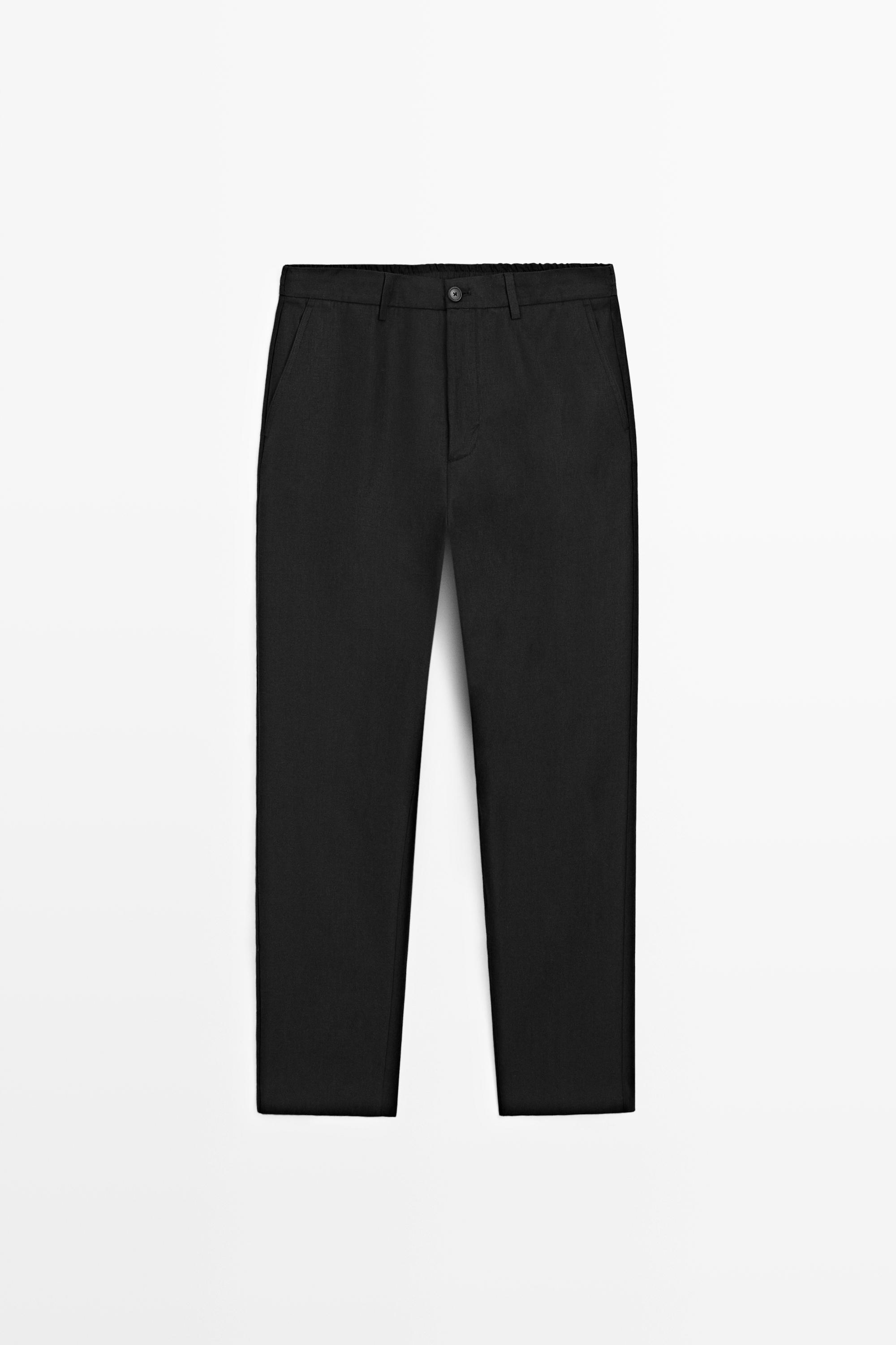 100% linen straight-leg trousers — BLACK