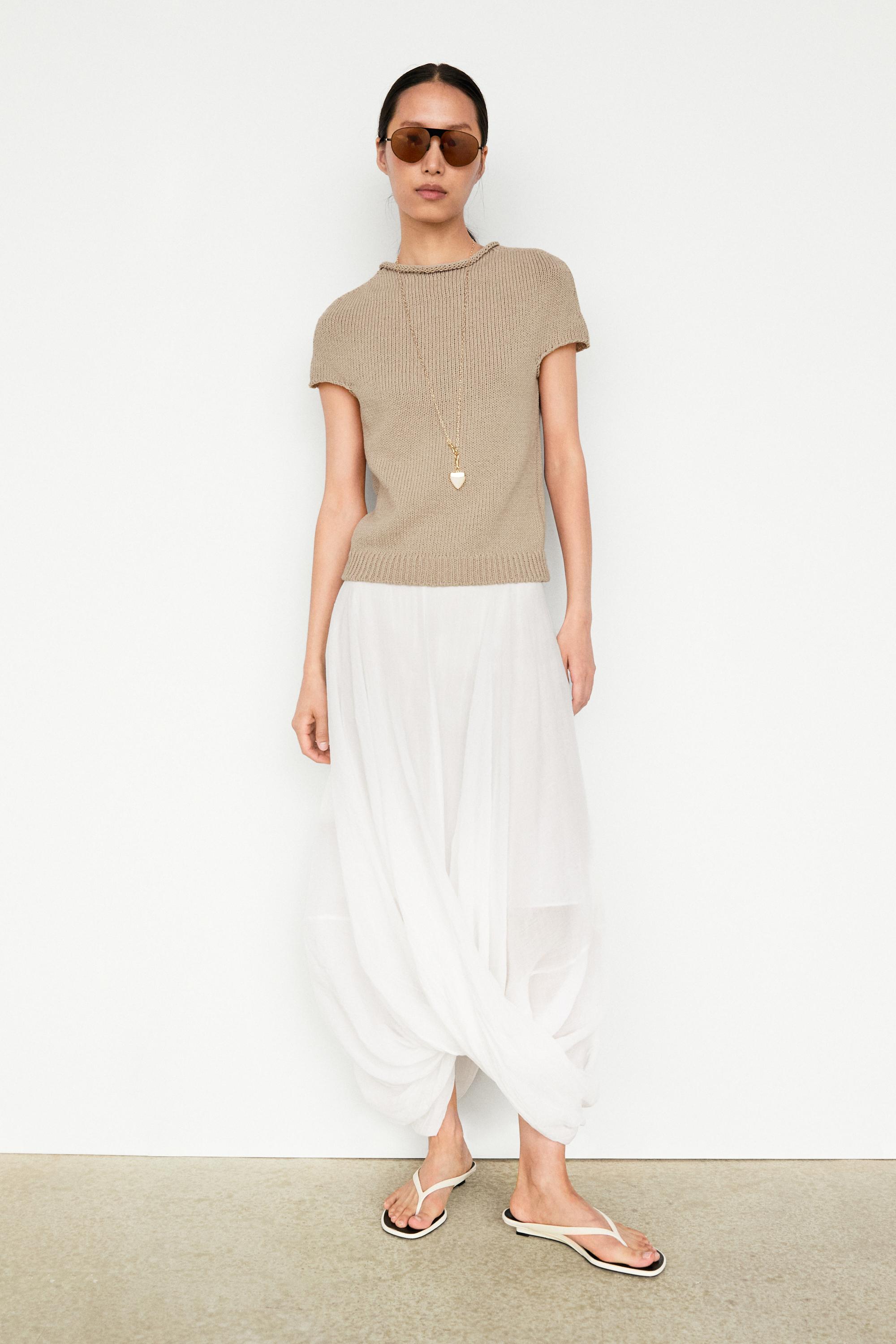 Cotton blend short sleeve rolled-neck sweater — BEIGE