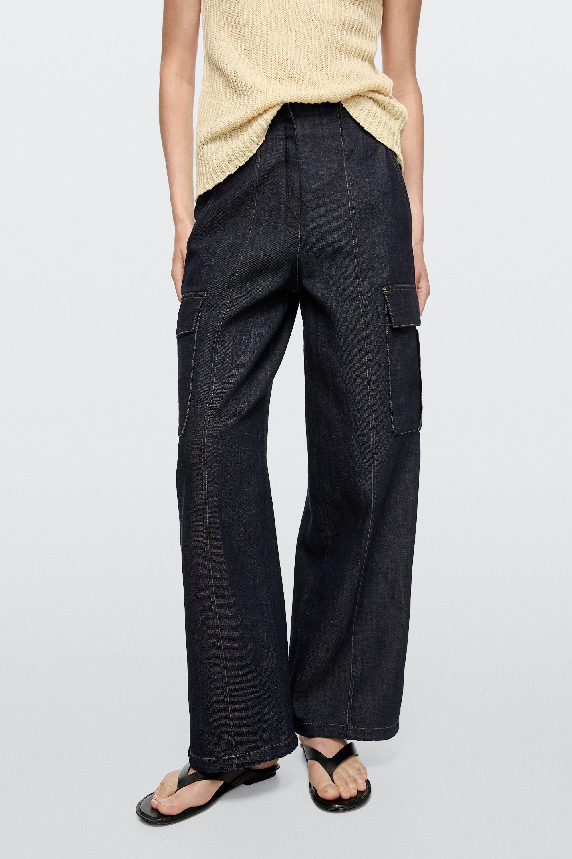 Linen blend cargo jeans — DARK BLUE