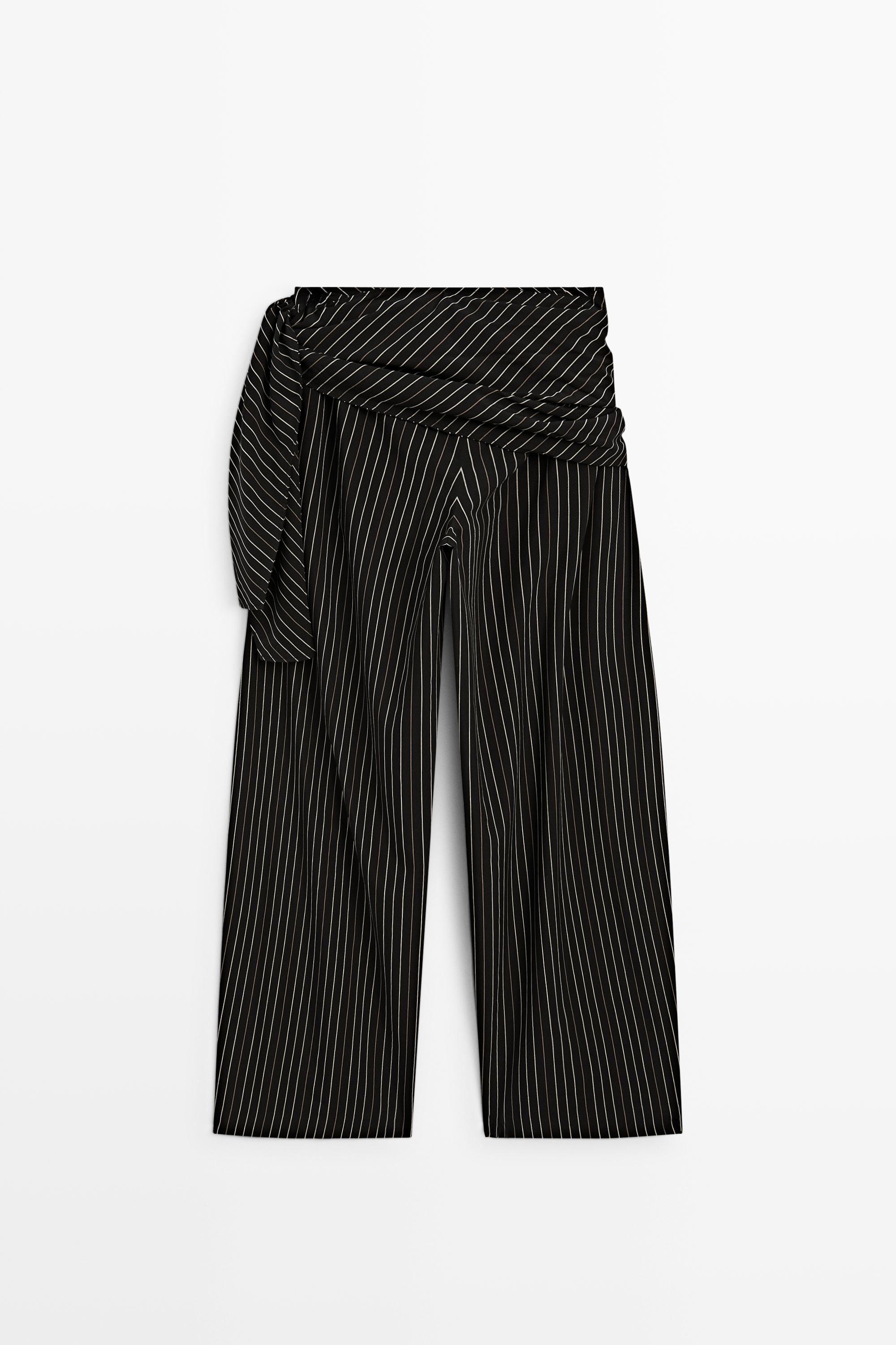 Striped barrel fit pants with scarf detail — BLACK