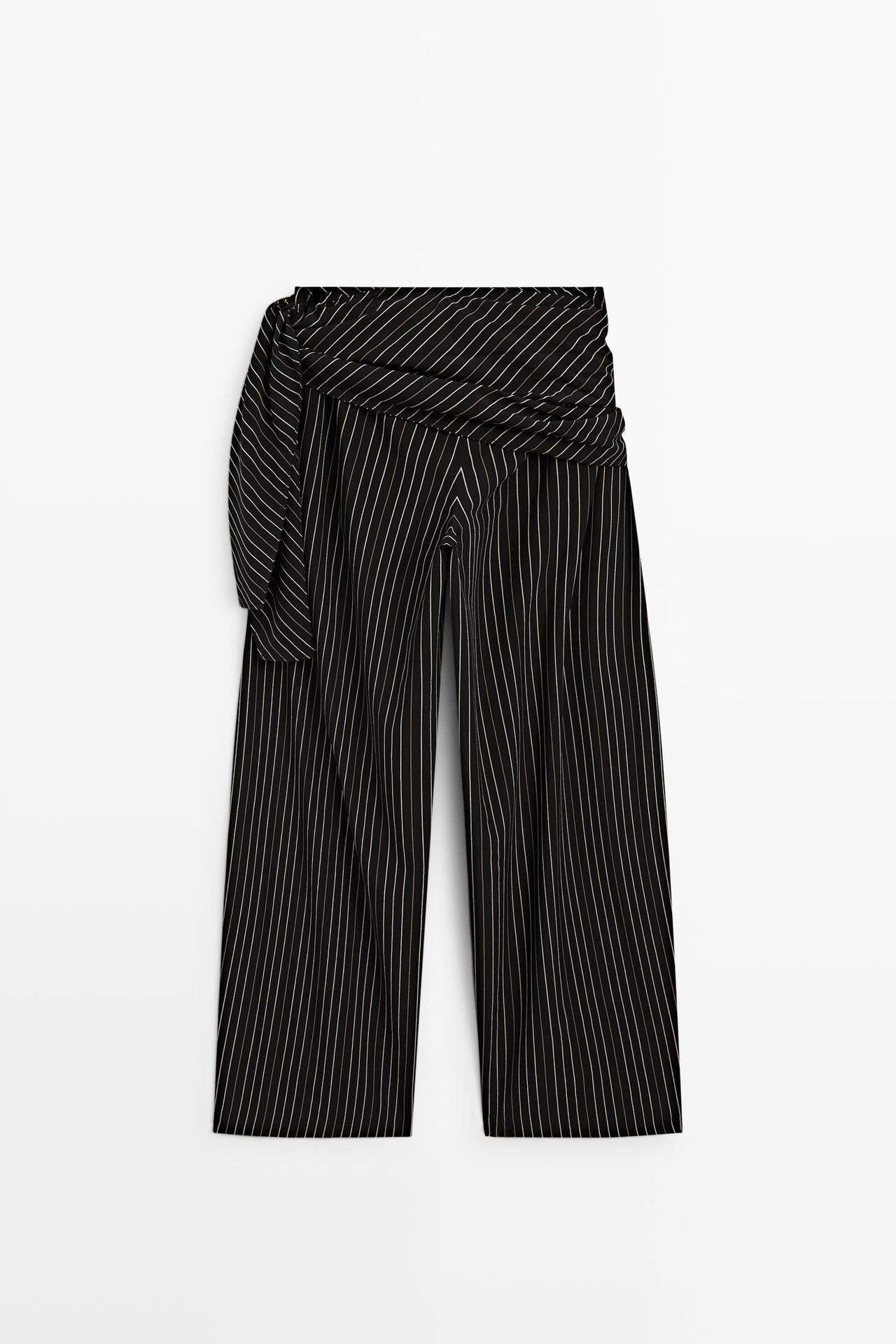 Striped barrel fit pants with scarf detail — BLACK