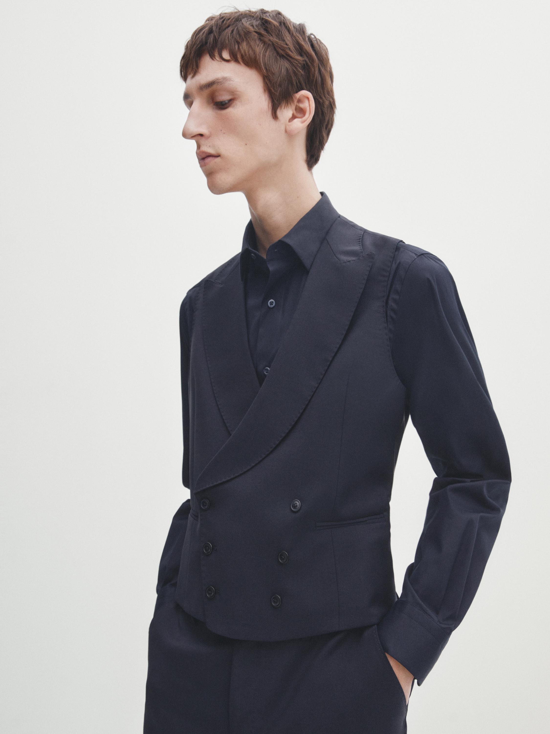 Gilet de costume uni bleu en laine mélangée