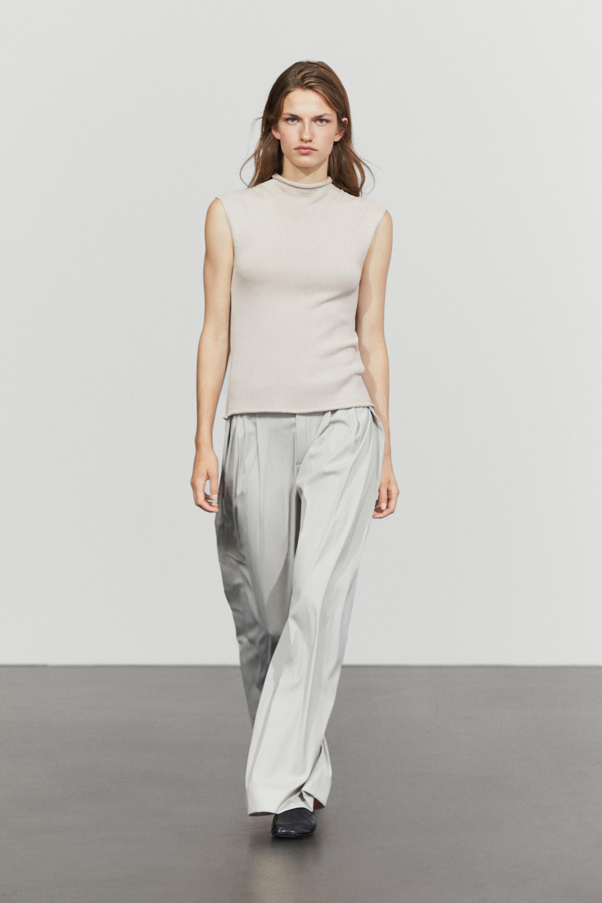 Cotton blend high neck knit top — STONE