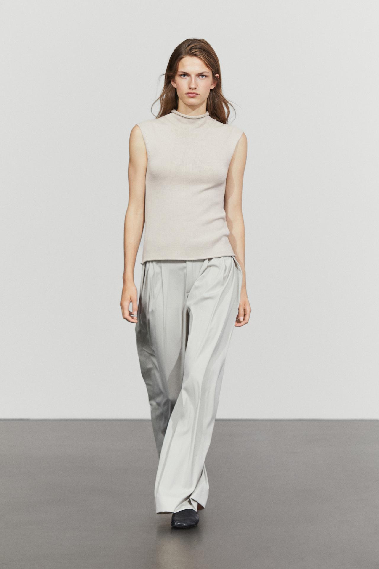 Cotton blend high neck knit top — STONE