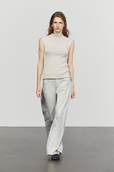 Cotton blend high neck knit top — STONE 1