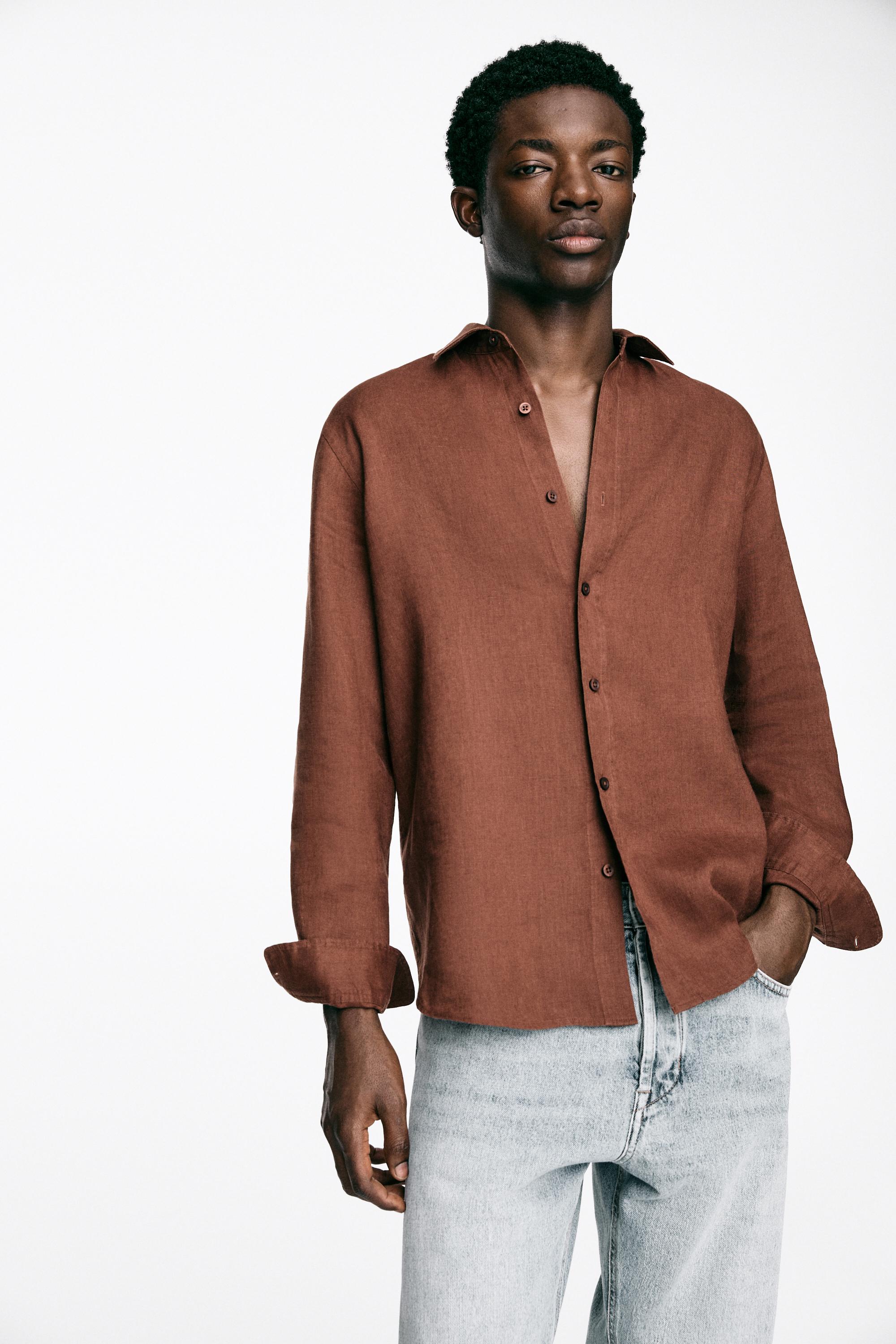 100% linen slim fit shirt — TERRA-COTTA